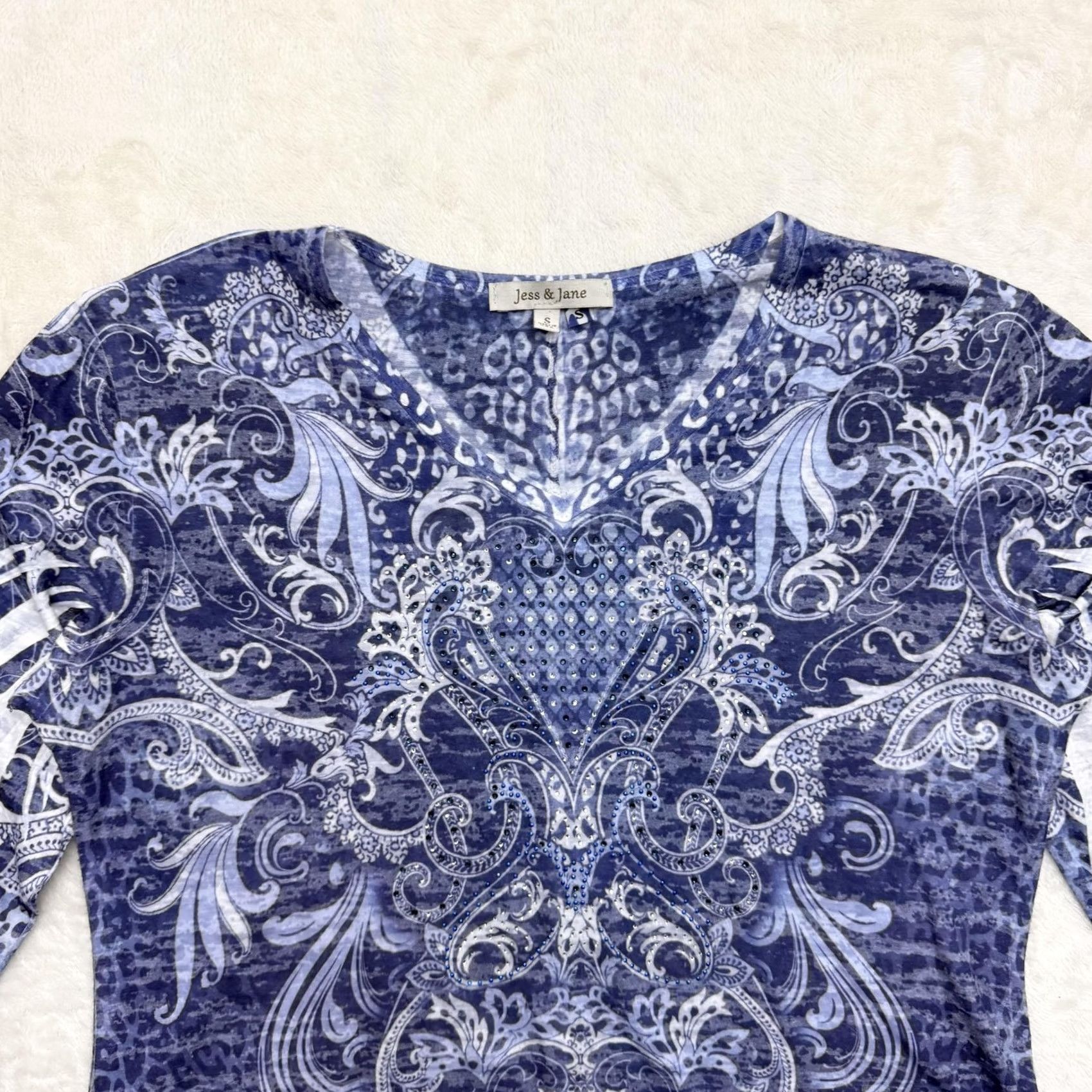 Vintage Jess & Jane Tunic Shirt Womens Small Blue Paisley V Neck 3/4 Sleeve Top Size S / US 4 / IT 40 - 2 Thumbnail