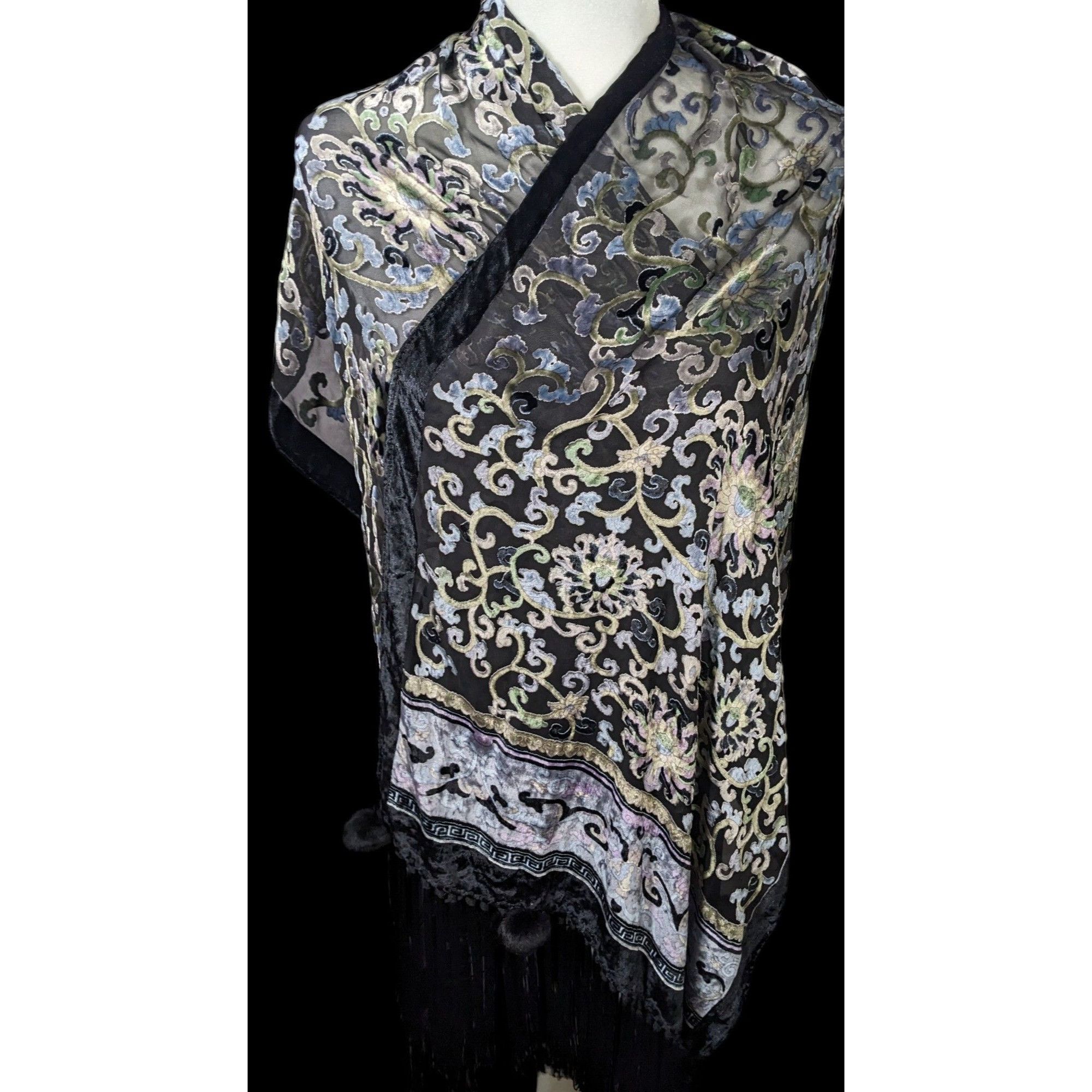 Other Vintage Fantasy Black And Pastel Velvet Burnout Scarf With F Size ONE SIZE - 2 Thumbnail