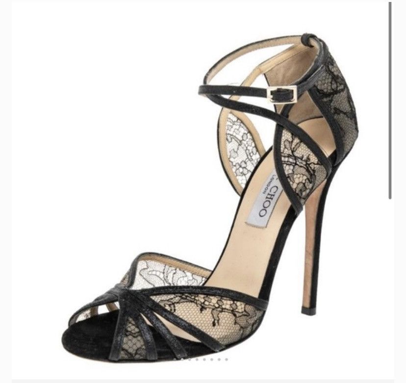 image of Jimmy Choo Black Lace Ankle Strap Heel Shoes, Women's (Size 6)