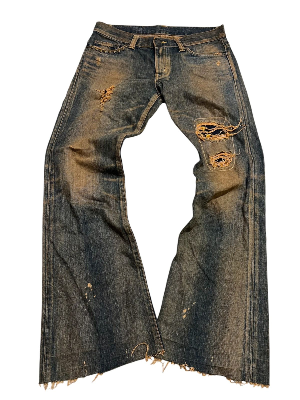 If Six Was Nine FLARE EDWIN STUDED DISTRESSSED PUNK MUDWASH DENIM Size US 32 / EU 48 - 1 Thumbnail