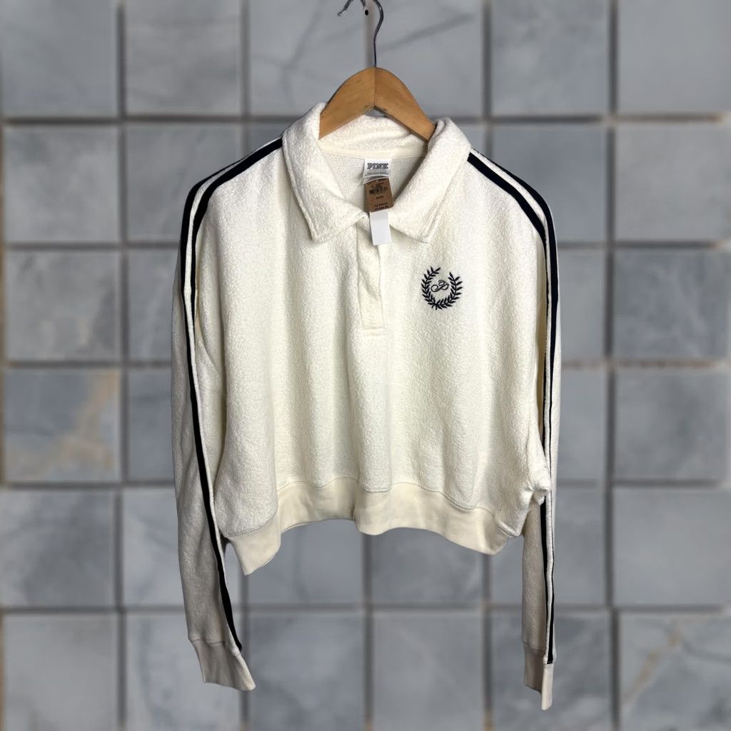 Pinko PINK Victoria's Secret Sweatshirt Womens XL White Fleece Collar Striped Pullover Size XL / US 12-14 / IT 48-50 - 1 Thumbnail