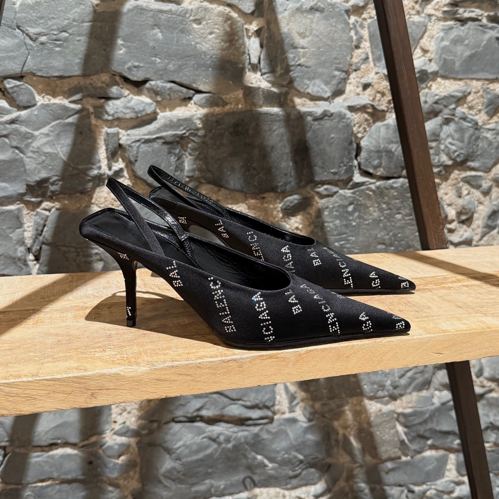 Balenciaga Balenciaga Satin Crystal Logo Slingback Square Knife Pumps Size US 6 / IT 36 - 1 Thumbnail
