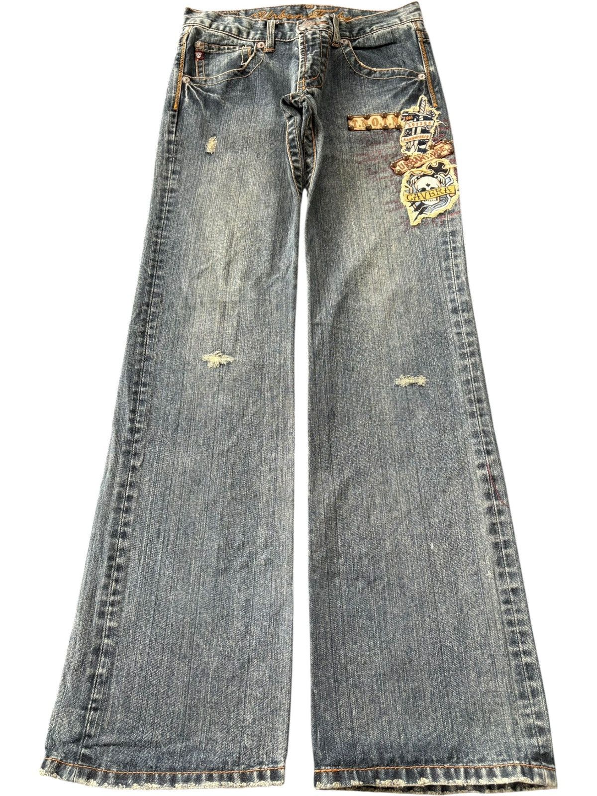 If Six Was Nine Vintage Japanese Brand Punk Skull Distress Flare Jeans Size US 29 - 1 Thumbnail