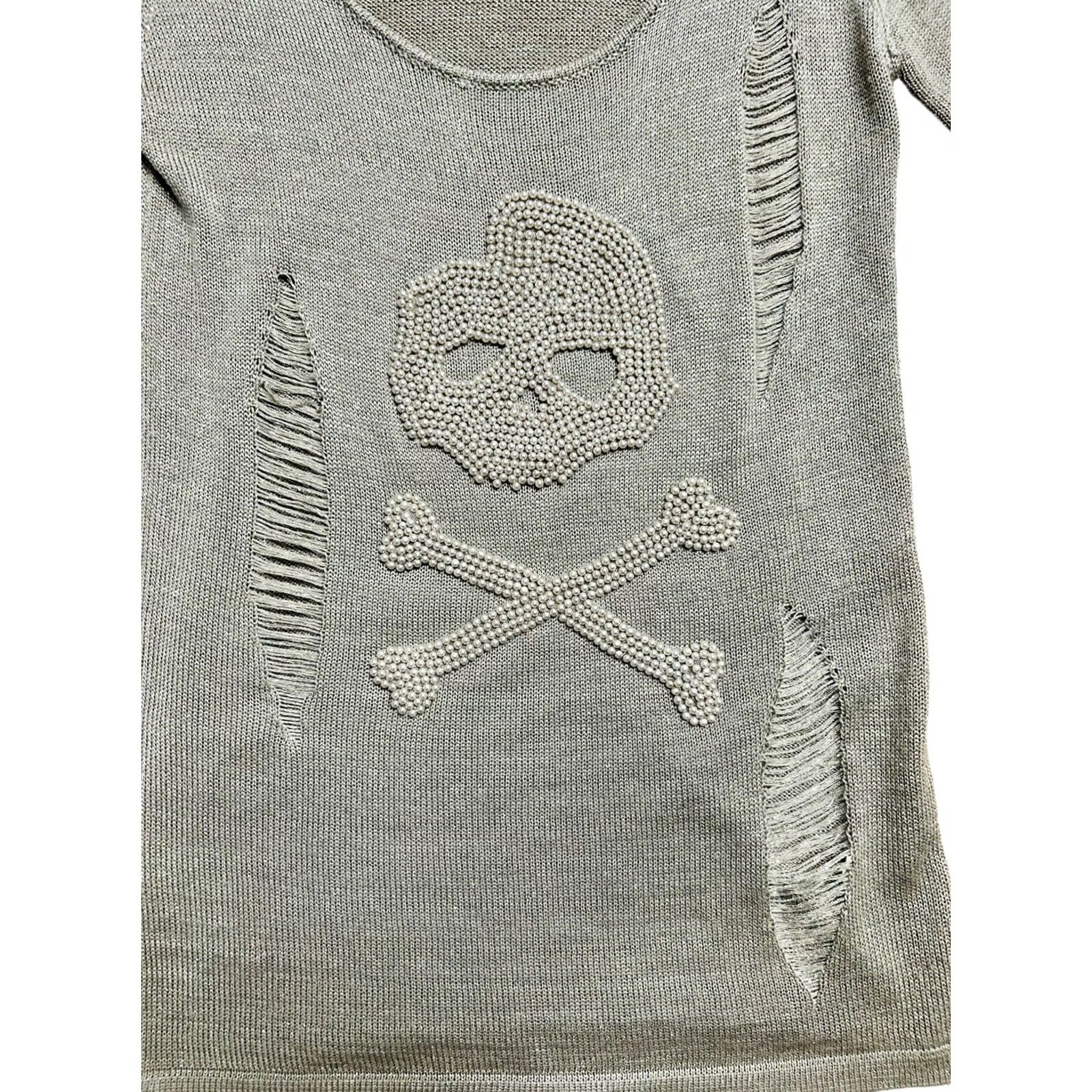 Vintage Chelsea & Violet Pearl Skull Cross Bone Distressed Sweater Women's M Gray Size M / US 6-8 / IT 42-44 - 4 Thumbnail