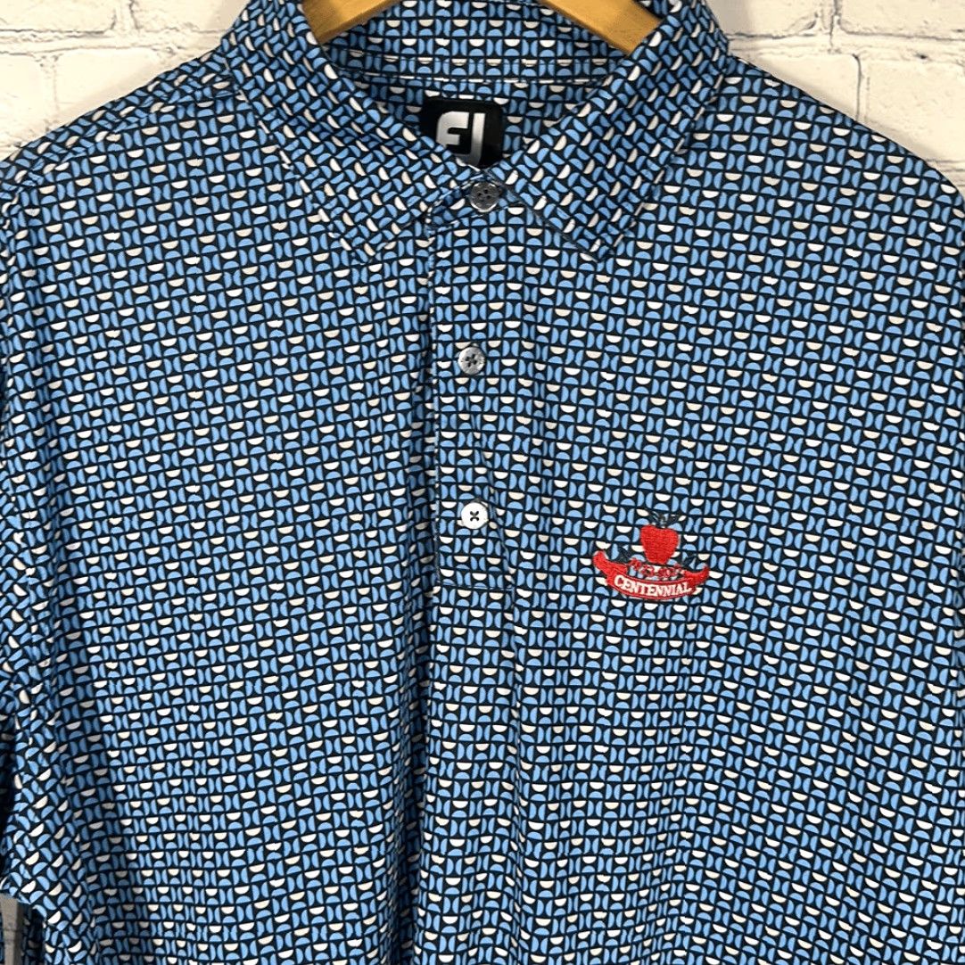 Footjoy VINTAGE FootJoy Polo Moon Geo Lisle Self Collar Golf XL Blue Apple Centennial Men Size US XL / EU 56 / 4 - 2 Thumbnail