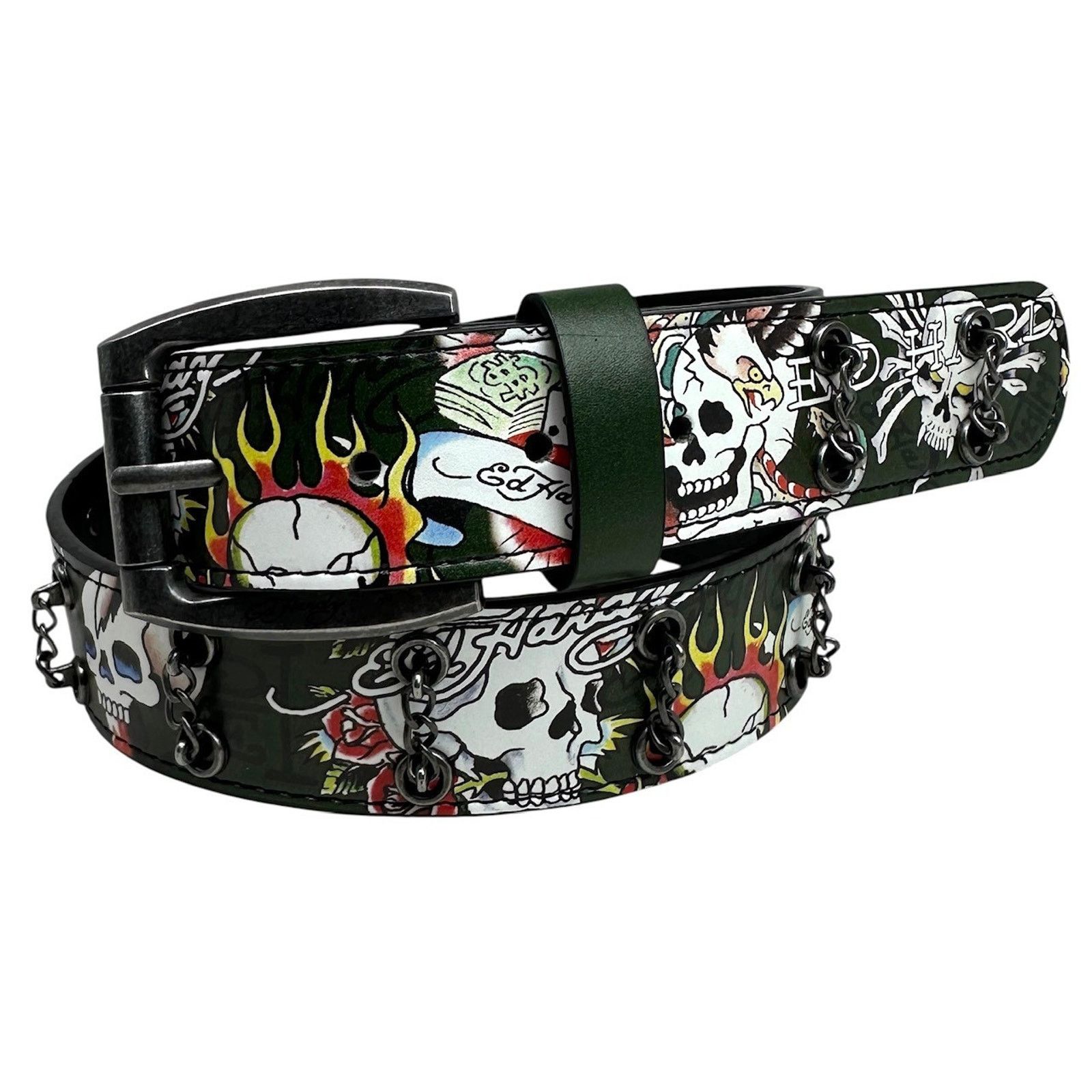 Ed Hardy Ed Hardy Men's Skull Tattoo Olive Belt With Chains Size 36 - 1 Thumbnail