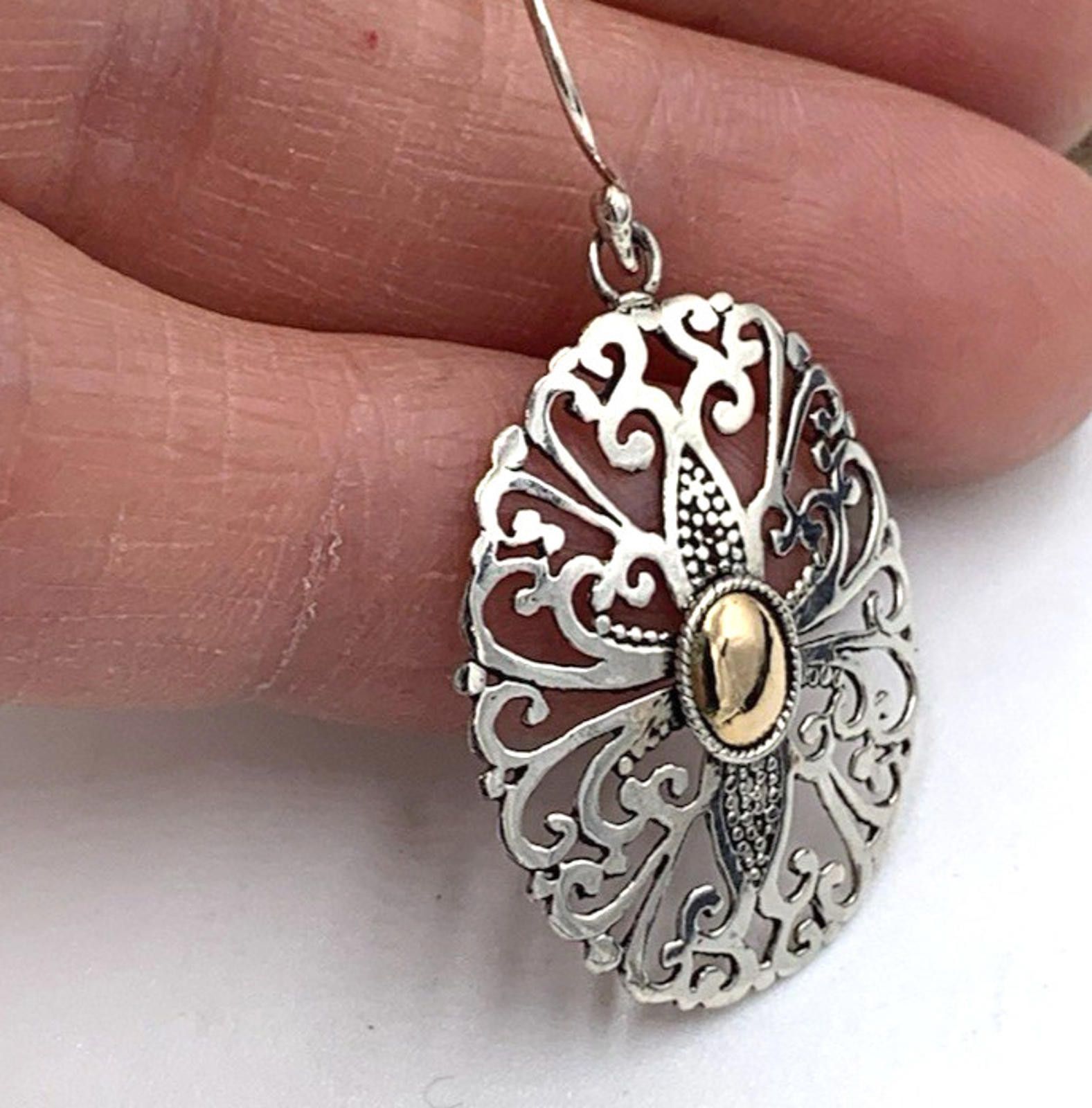 Other Sterling Silver 18k Accent Filigree Oval Dangle Earrings Size ONE SIZE - 5 Thumbnail