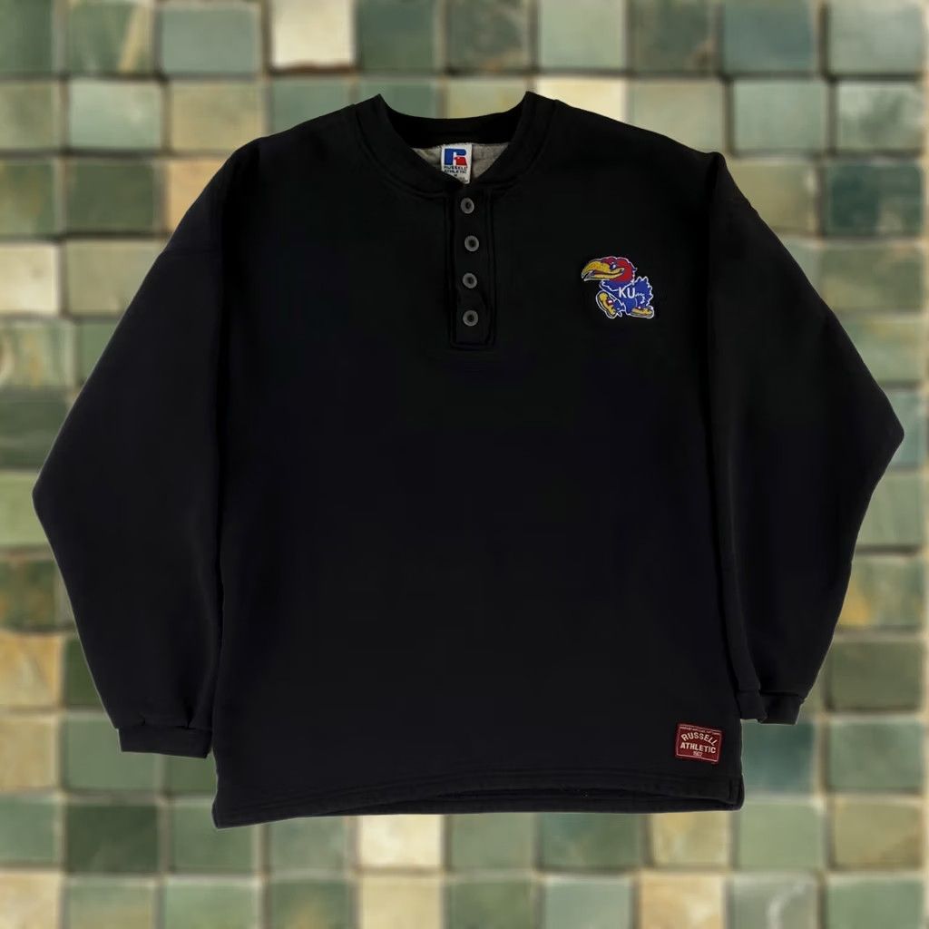 Russell Athletic VINTAGE Russell Athletic Sweatshirt Henley VTG 90s Univ Kansas Made USA Black Mens M Size US M / EU 48-50 / 2 - 1 Thumbnail
