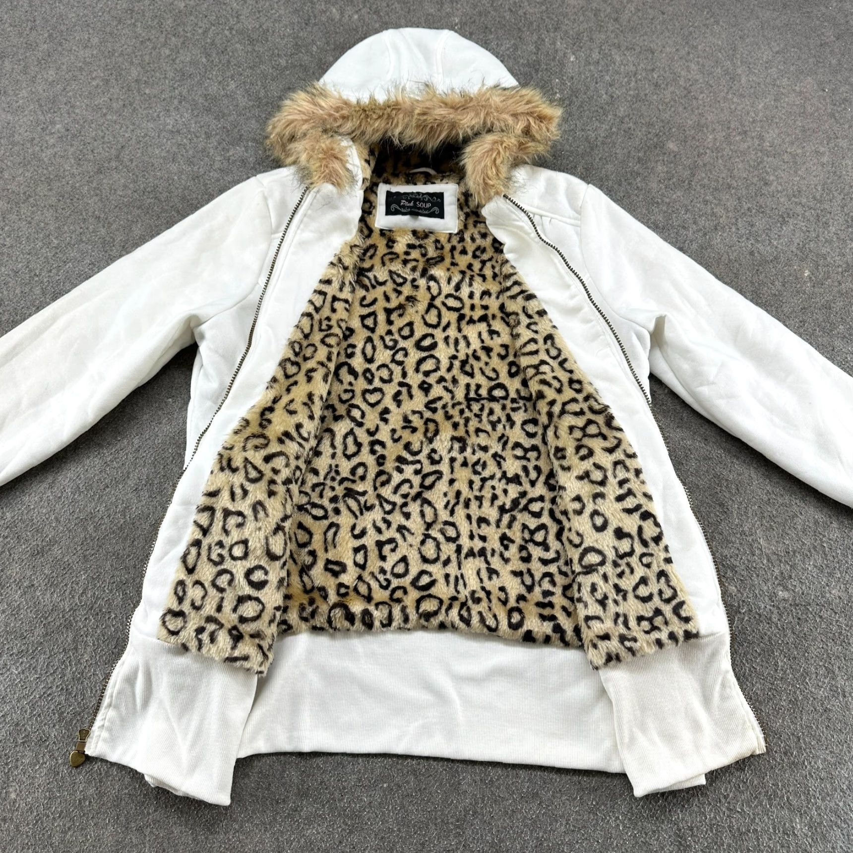 Pinko VINTAGE Pink Soup Jacket Women 1X White Brown Hooded Faux Fur Lined Full Zip 90s Parka Womens Size XL / US 12-14 / IT 48-50 - 3 Thumbnail