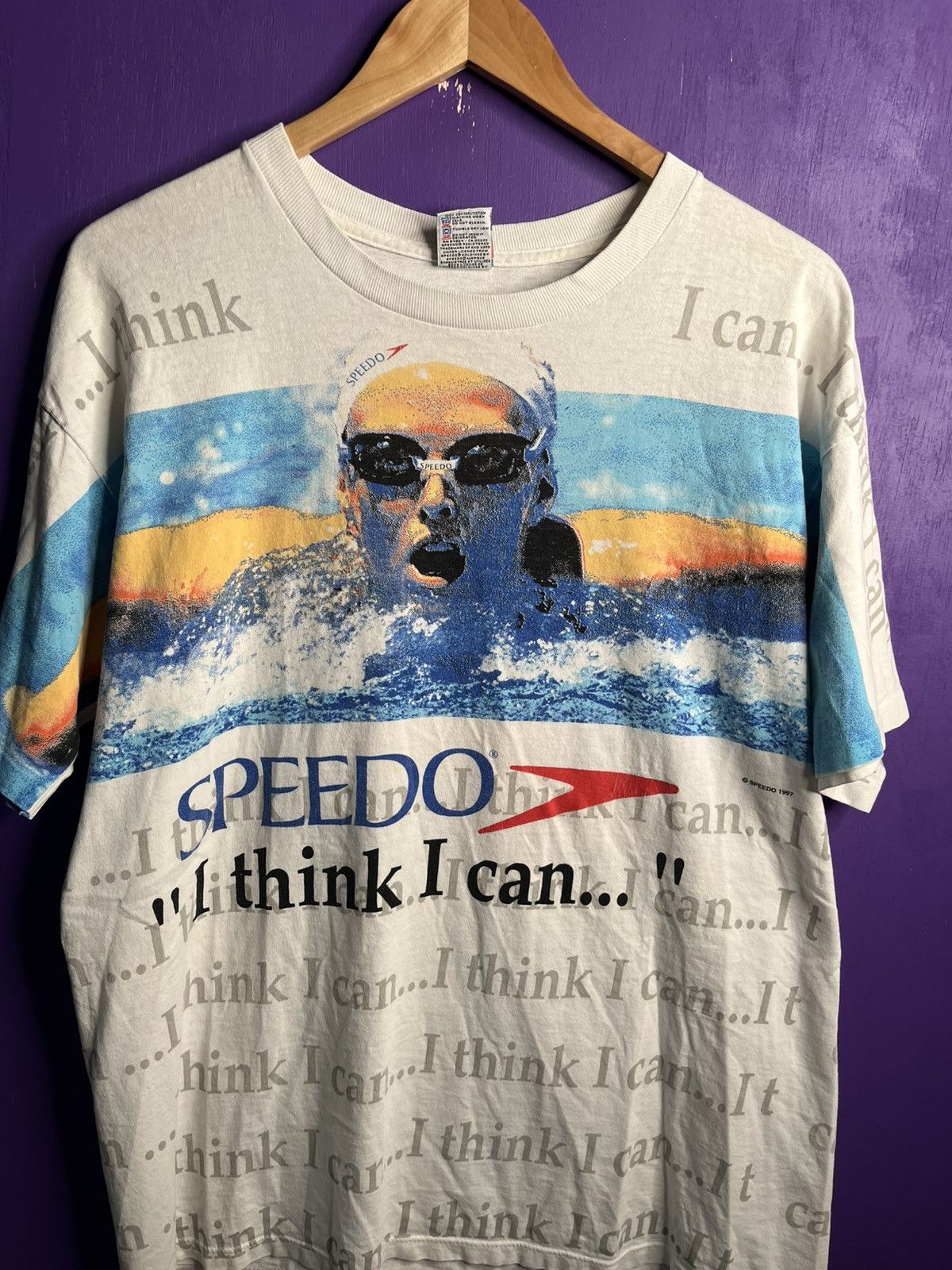 Speedo × Vintage Vintage 90s Speedo i think I can swimming AOP t-shirt Size US L / EU 52-54 / 3 - 3 Thumbnail