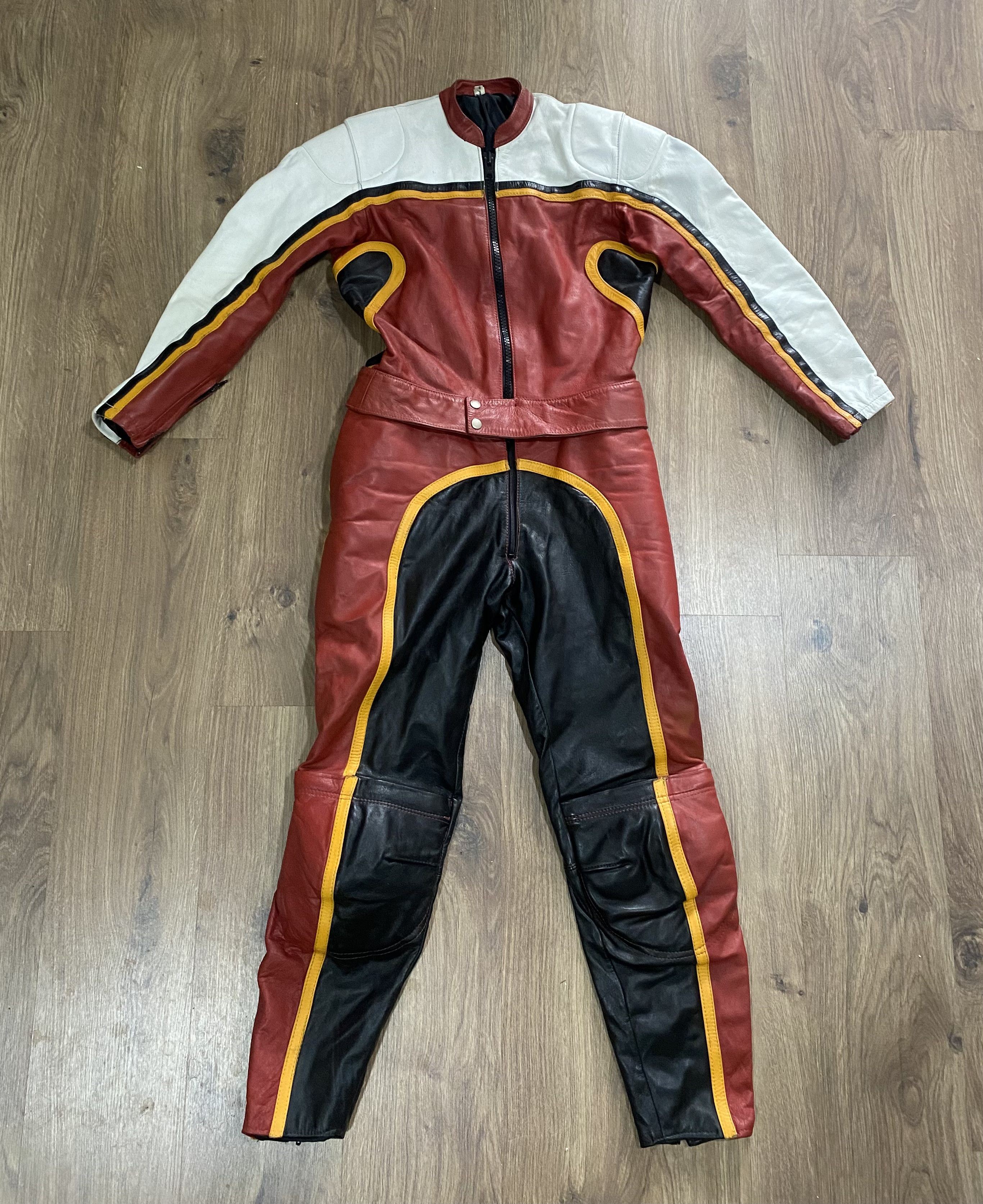 Image of Archival Clothing x Racing Vintage 80’S Tt Leather Motor Racing Suit in Red/Yellow/Black (Size Smal