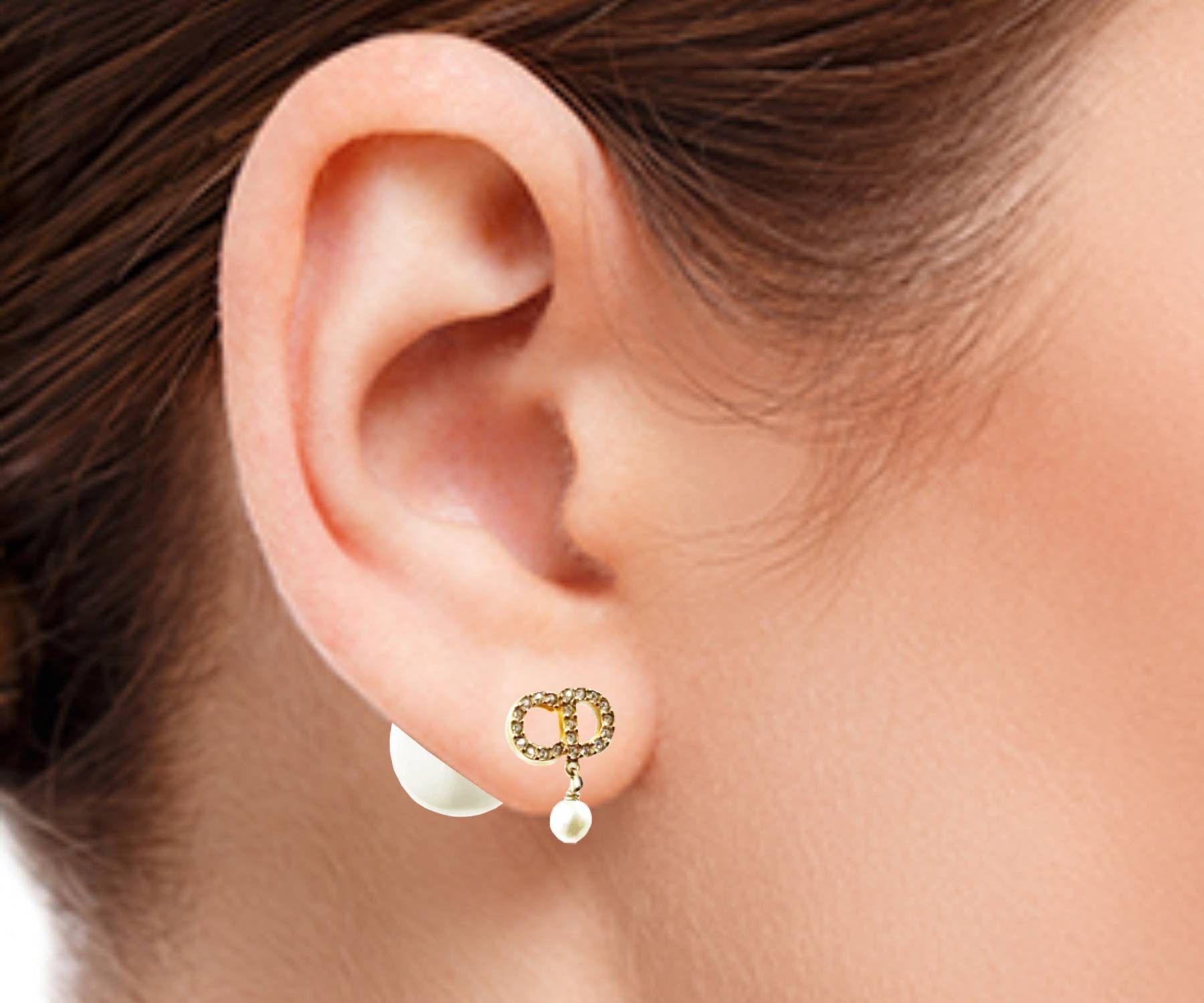 Dior Dior Tribales Gold CC Crystal Pearl Piercing Earrings Size ONE SIZE - 2 Thumbnail