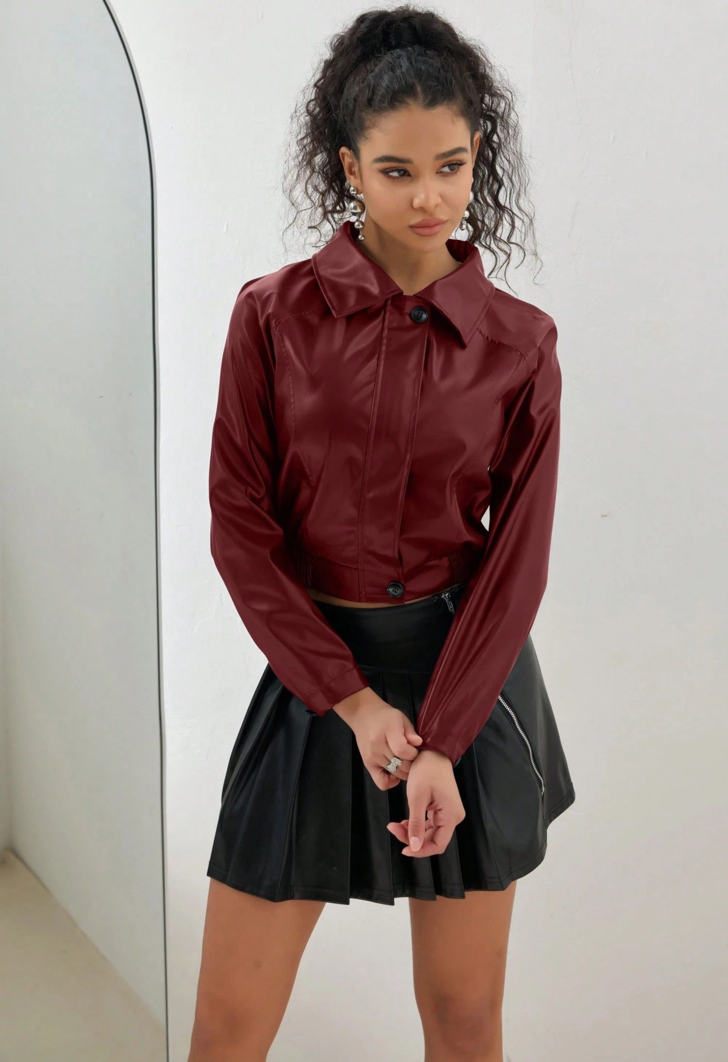 Other Women’s Burgundy Faux Leather Cropped Jacket Size M / US 6-8 / IT 42-44 - 2 Thumbnail