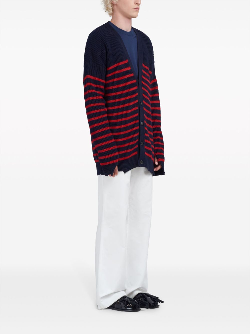 Marni o1w1db10125 Striped V-Neck Cardigan in Red/Black Size US L / EU 52-54 / 3 - 5 Thumbnail