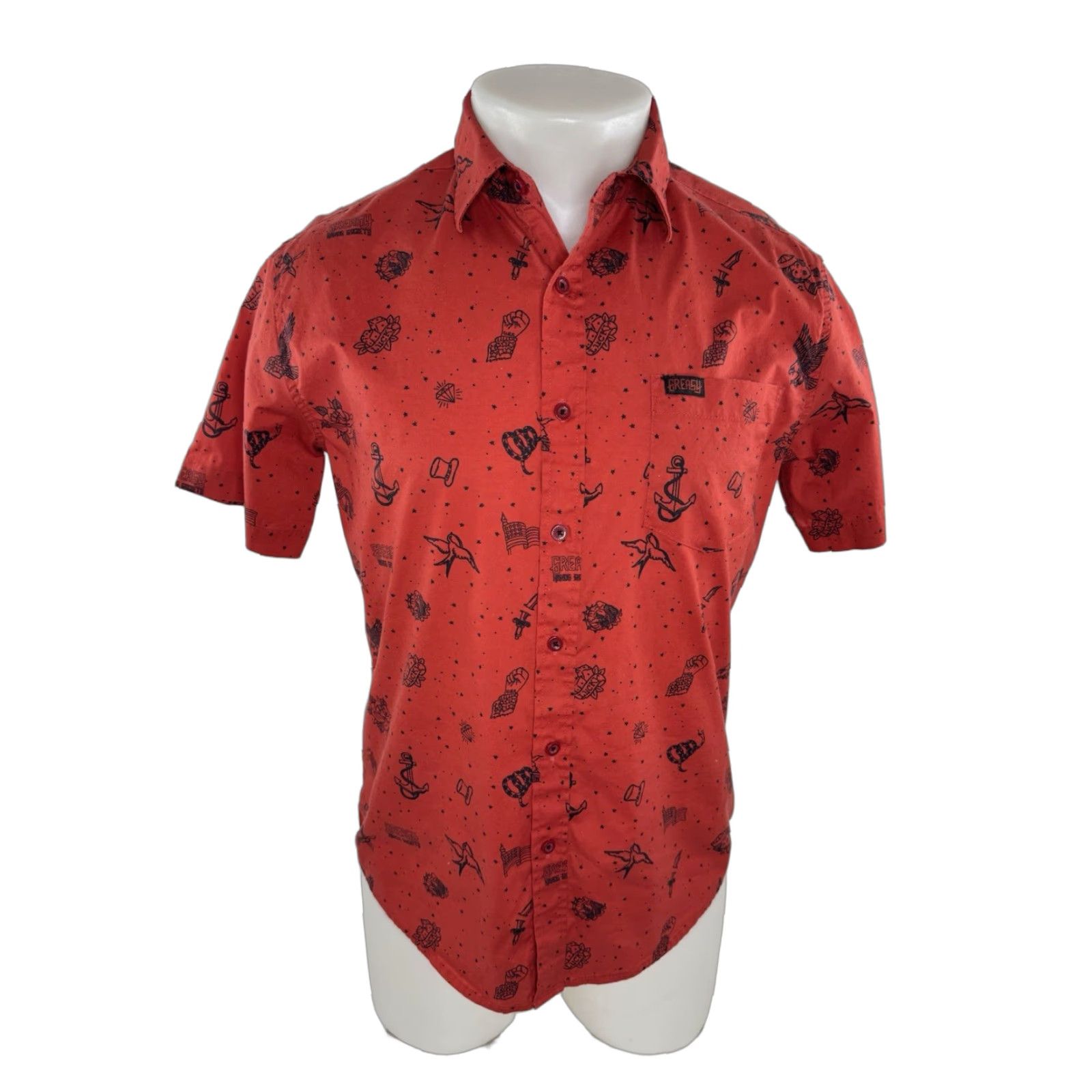 Vintage GREASY HANDS SOCIETY 1776 Tattoo Print Mens S Shirt Top Short Sleeve Red 90s Style DBT Size US S / EU 44-46 / 1 - 1 Thumbnail