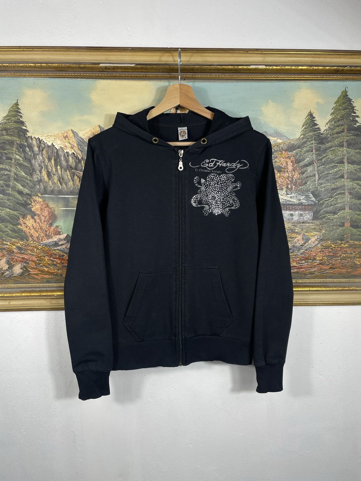 Christian Audigier × Ed Hardy × Vintage Ed Hardy Retro 00s Hoodie With Crystals Affliction Grunge Size US XXS / EU 40 - 2 Thumbnail