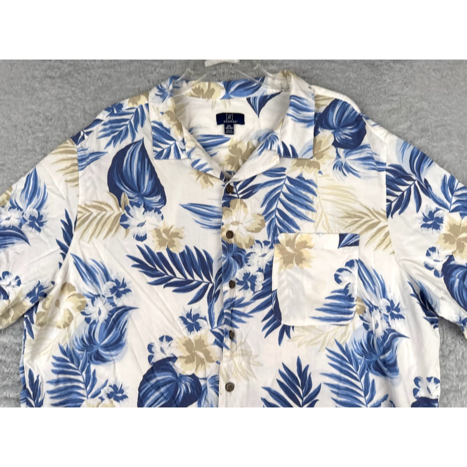 George George Shirt Men 2XL White Blue Floral Hibiscus Button-Up Rayon Hawaiian, Button-Up, Short Sleeve, Regular, George, Floral, Hawaiian, Mens Size US XXL / EU 58 / 5 - 6 Thumbnail