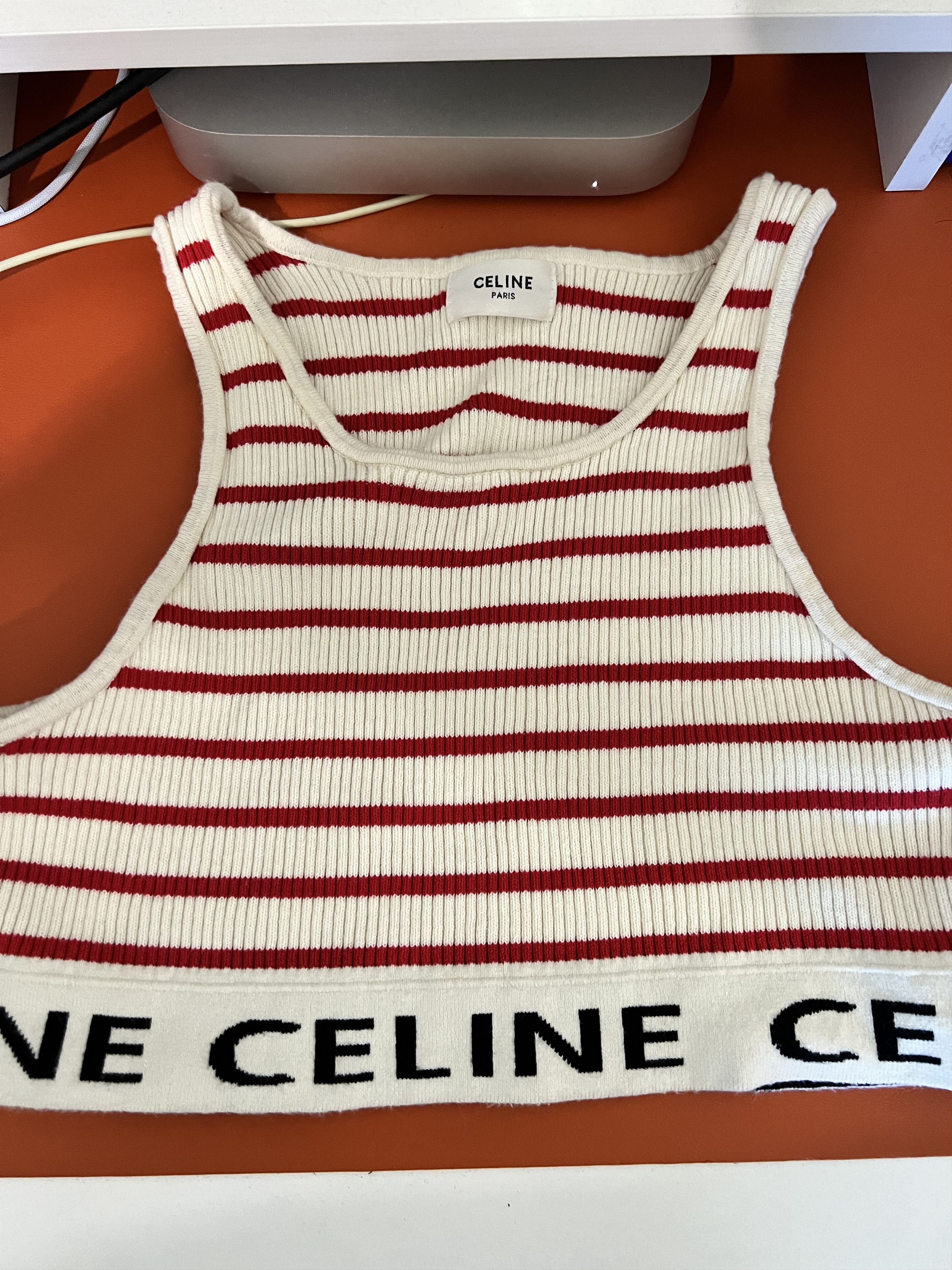 Image of Celine Mesh Crop Top In Knit in White/Red, Women's (Size Small)