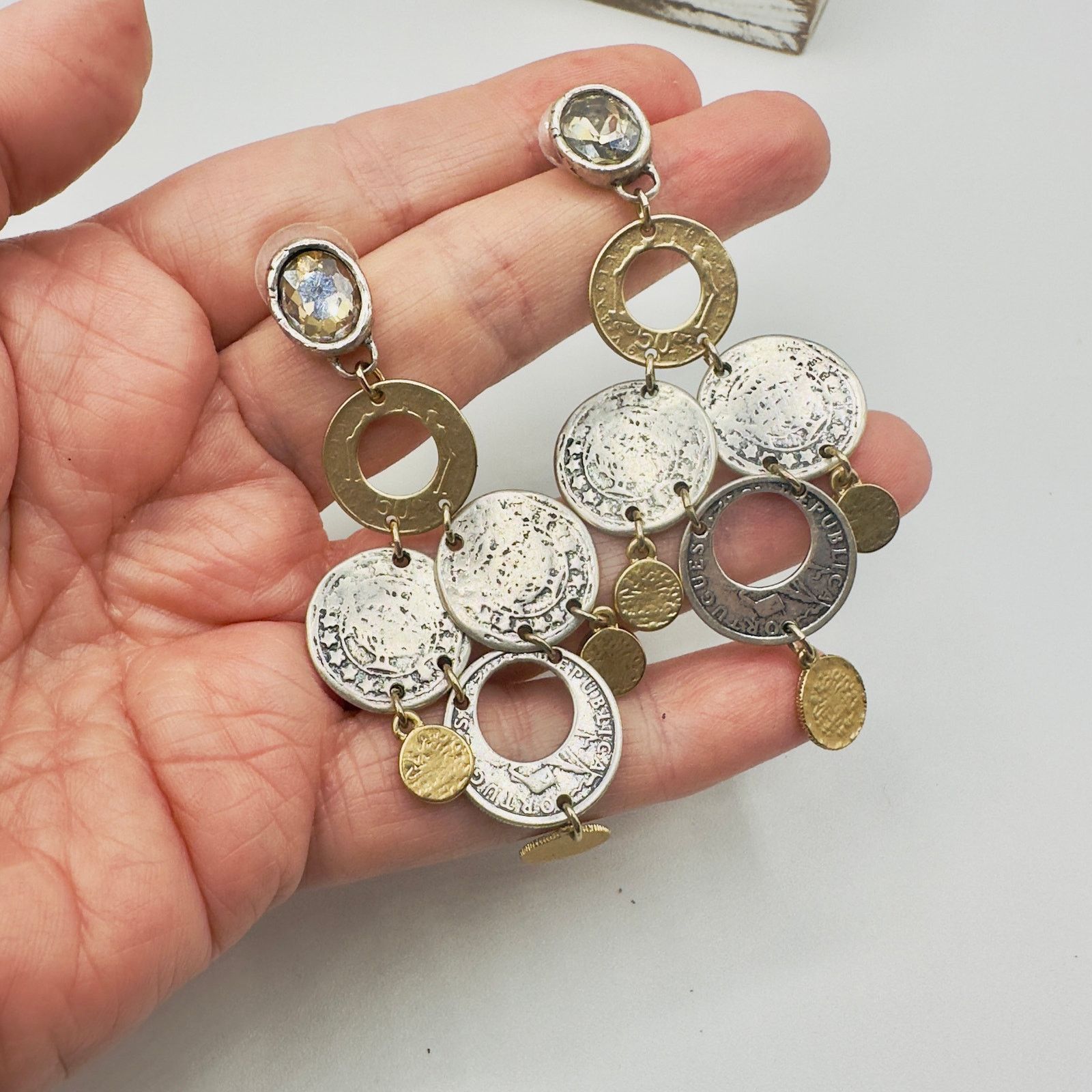 Chicos Chico's Silver Gold Tone Statement Coin Dangle Earrings NWOT Size ONE SIZE - 2 Thumbnail