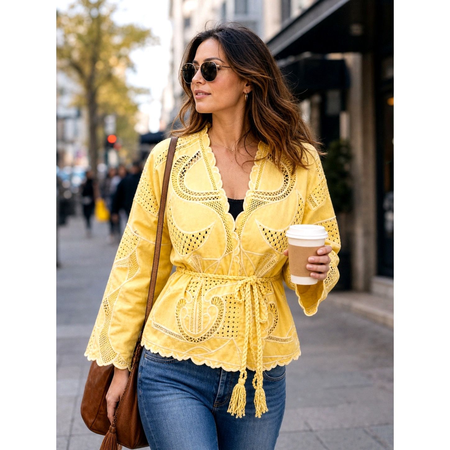 Maje Maje Crochet-Panel Cotton Jacket Belt Yellow size 40 (L) Size L / US 10 / IT 46 - 1 Thumbnail