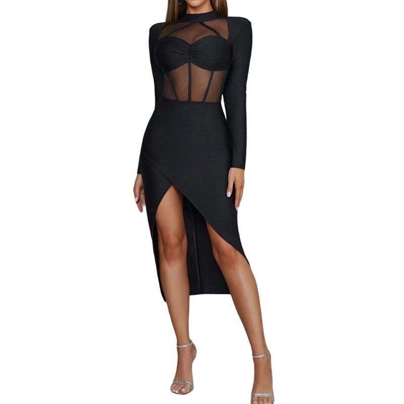 Shein Mesh Insert Mock Neck Asymmetrical Hem Bodycon Dress, Size S Size S / US 4 / IT 40 - 1 Thumbnail