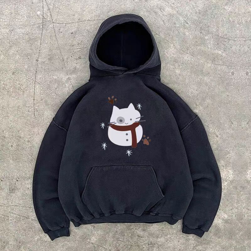 Japanese Brand × Vintage Black washed vintage Christmas cat print hoodie y2k Size US L / EU 52-54 / 3 - 1 Thumbnail