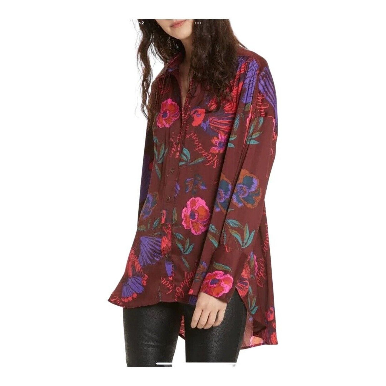 Free People Free People Silky Nights Blouse XS Cranberry Red Floral Size XS / US 0-2 / IT 36-38 - 1 Thumbnail