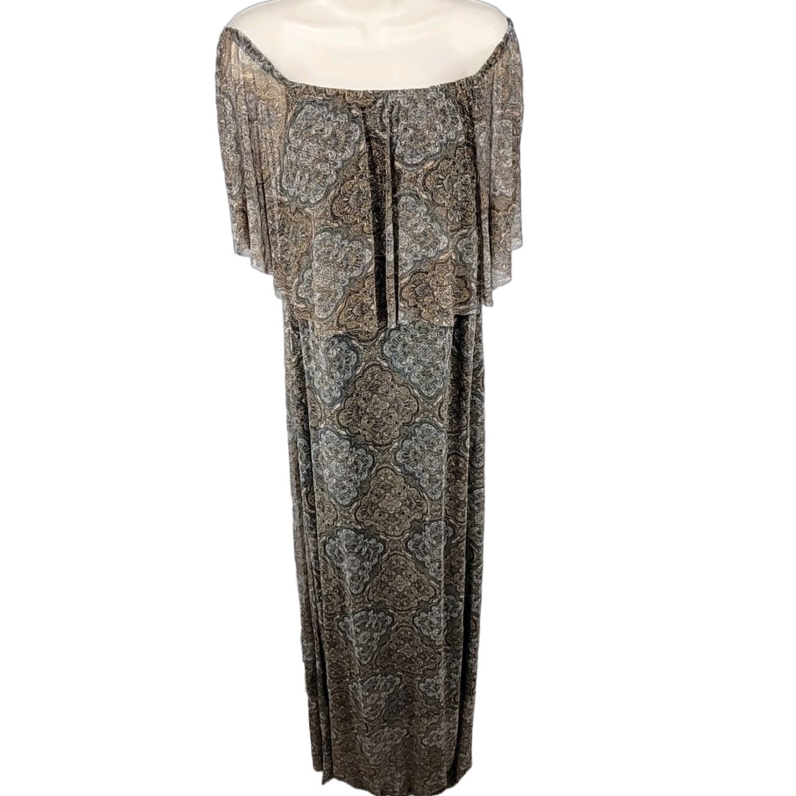 NWT Ellen Weaver Dress 3X Off Shoulder Maxi Stretch Lined Tan Blue Print