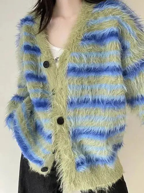 Japanese Brand × Vintage V-neck Striped Green Cardigan Size L / US 10 / IT 46 - 3 Thumbnail