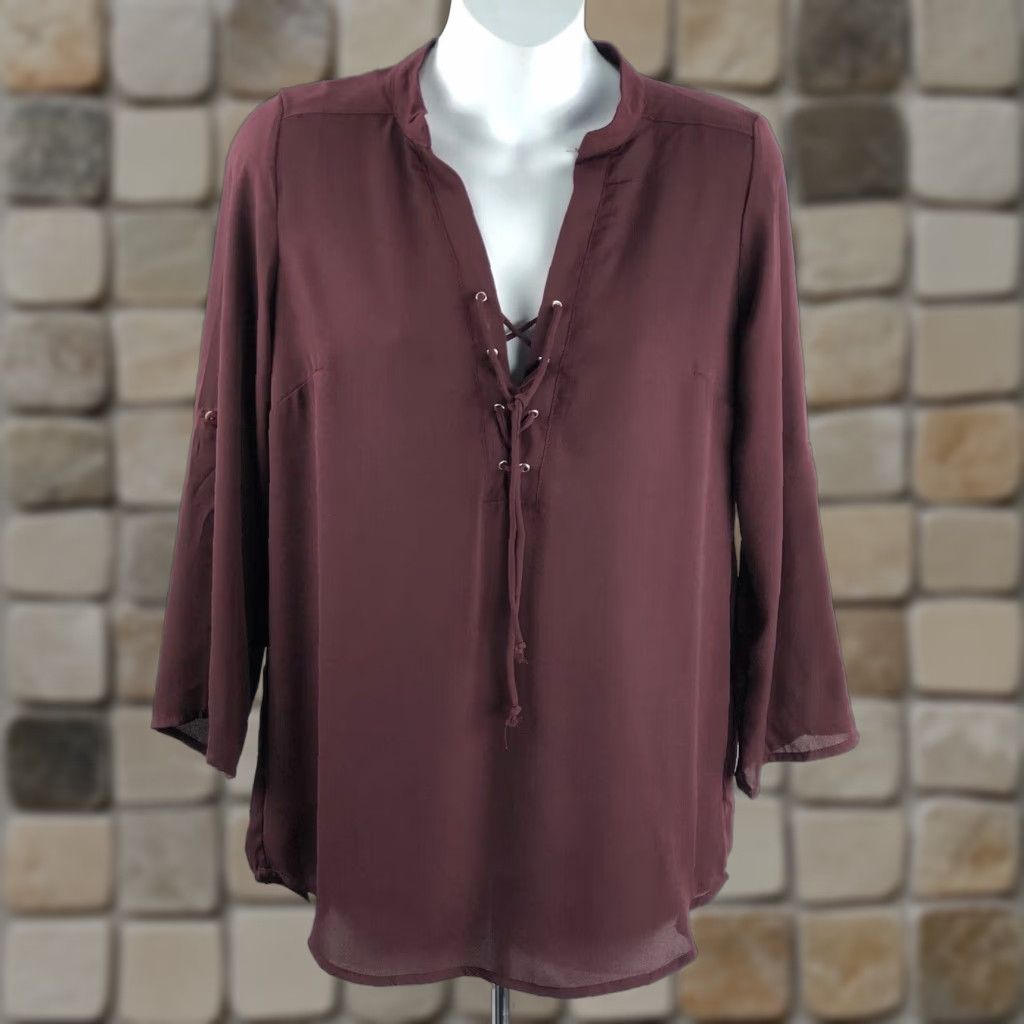Vintage NWT American dream Blouse Shirt Burgundy V-Neck Lace Up 3/4 Roll Tab Sleeve Chiffon Boho Size S / US 4 / IT 40 - 1 Thumbnail