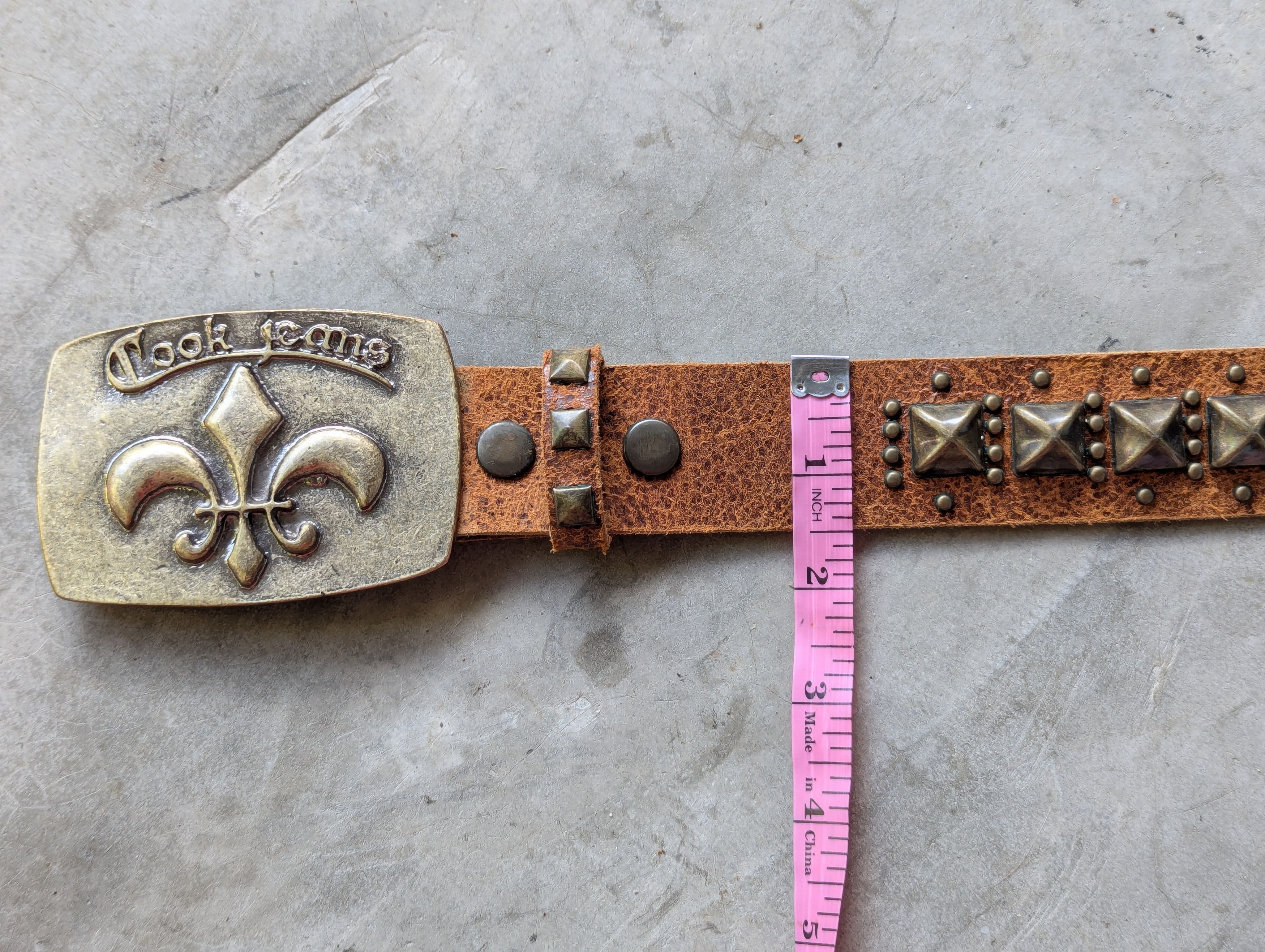 Leather Cook Jeans Studded Leather Belt Metal Buckle Fleur de lis Size 36 - 4 Thumbnail