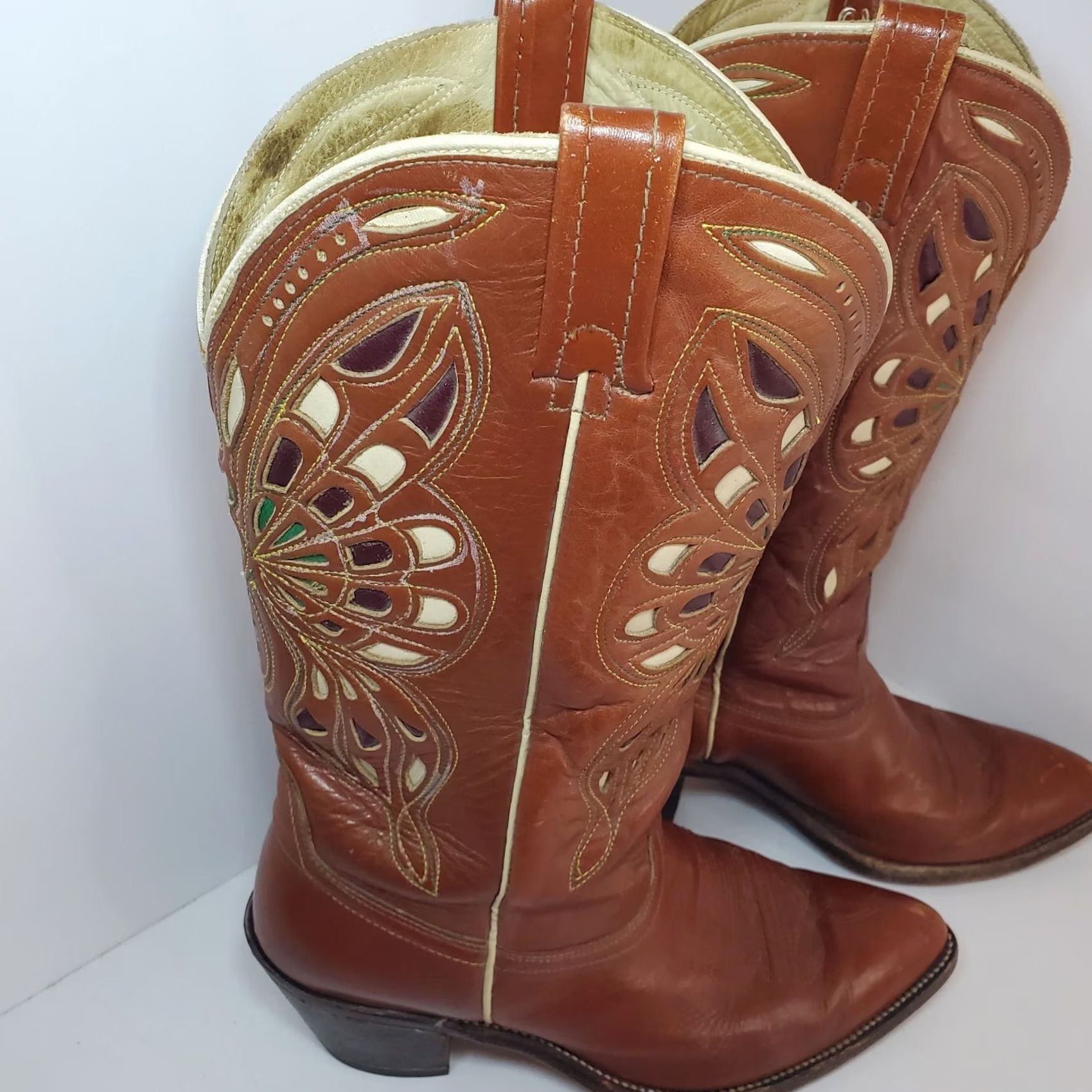 Vintage VINTAGE Acme Butterfly Inlay Brown Red Mens 9/W10.5 Cowboy Western Boots Mid-Calf Leather Pointed Toe Pull On 1950s Limited Edition Size US 9 / IT 39 - 6 Thumbnail