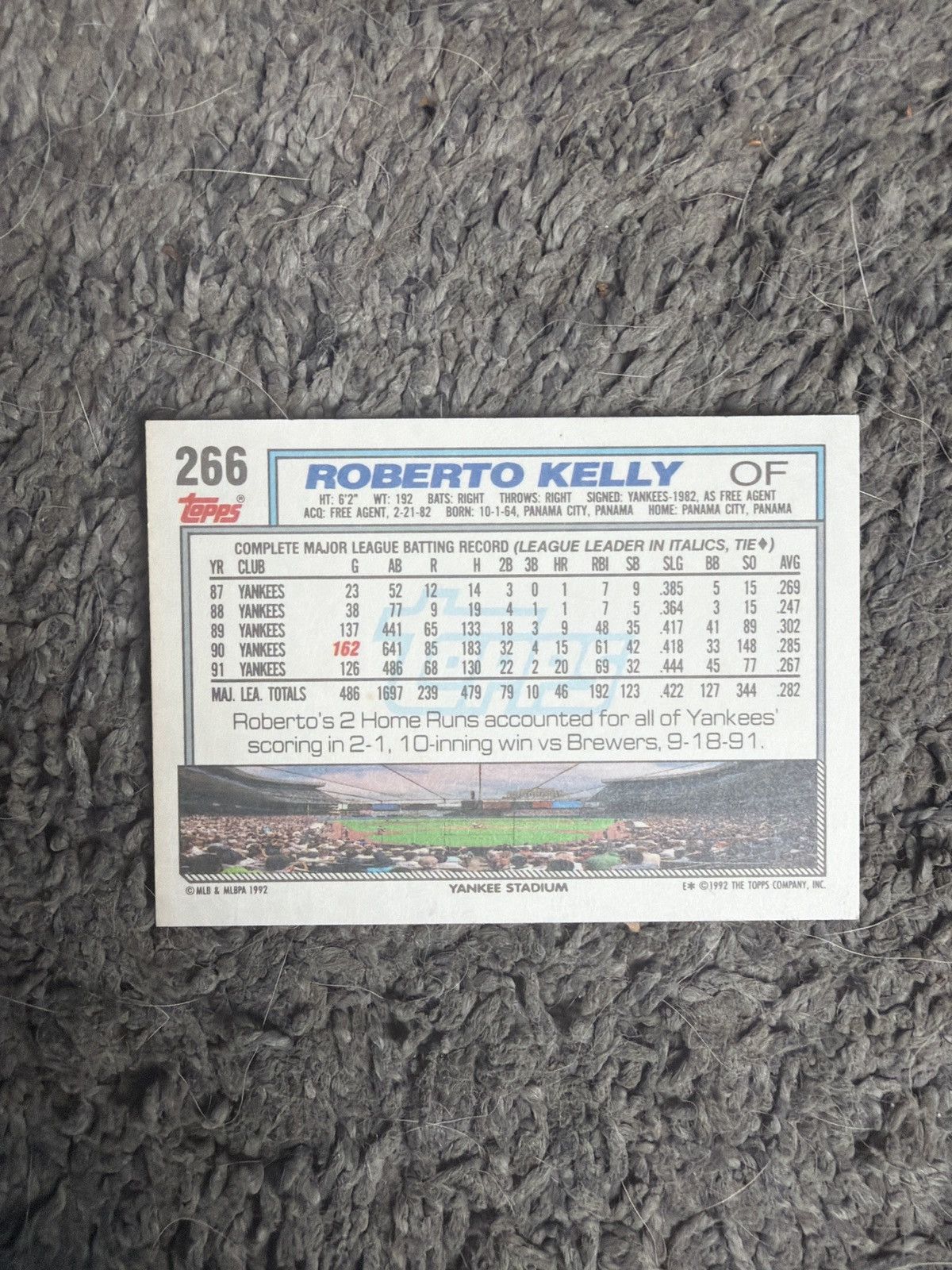 New York Yankees 1992 Topps #266 Roberto Kelly Card Size ONE SIZE - 2 Thumbnail