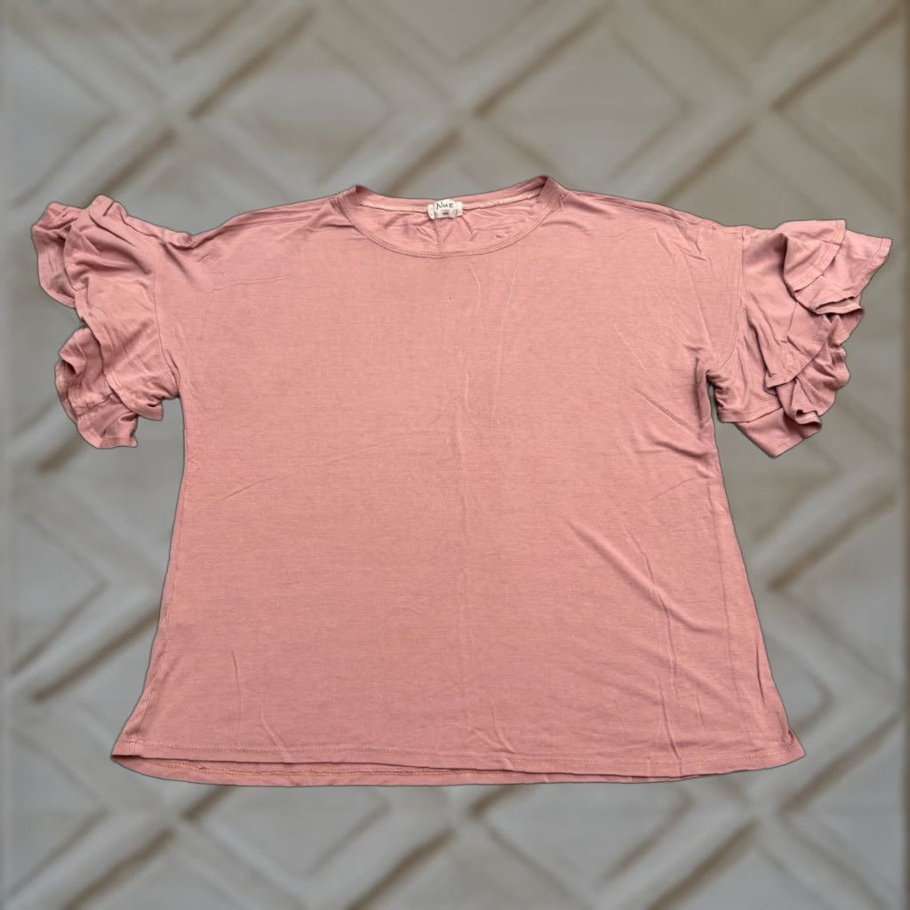 Pinko Nur Blouse Shirt Womens XL Pink Short Sleeve Ruffle Knit Crew Neck Casual Bohemian Classic Modern Classic Relaxed Fit Regular Womens Size XL / US 12-14 / IT 48-50 - 1 Thumbnail