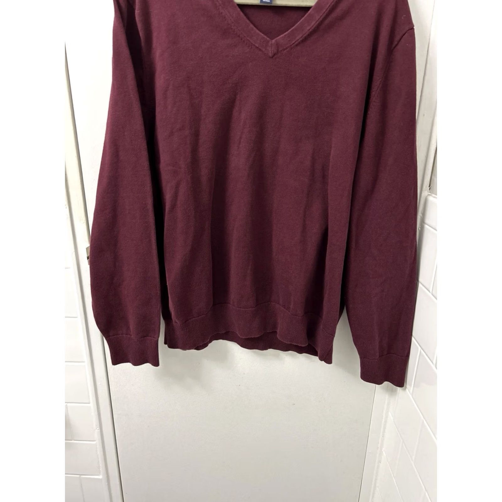 Lands' End Lands' End Mens Sweater Pullover V-Neck 100% Cotton Burgundy Maroon L Large Knit Long Sleeve Classic Modern Size US L / EU 52-54 / 3 - 3 Thumbnail