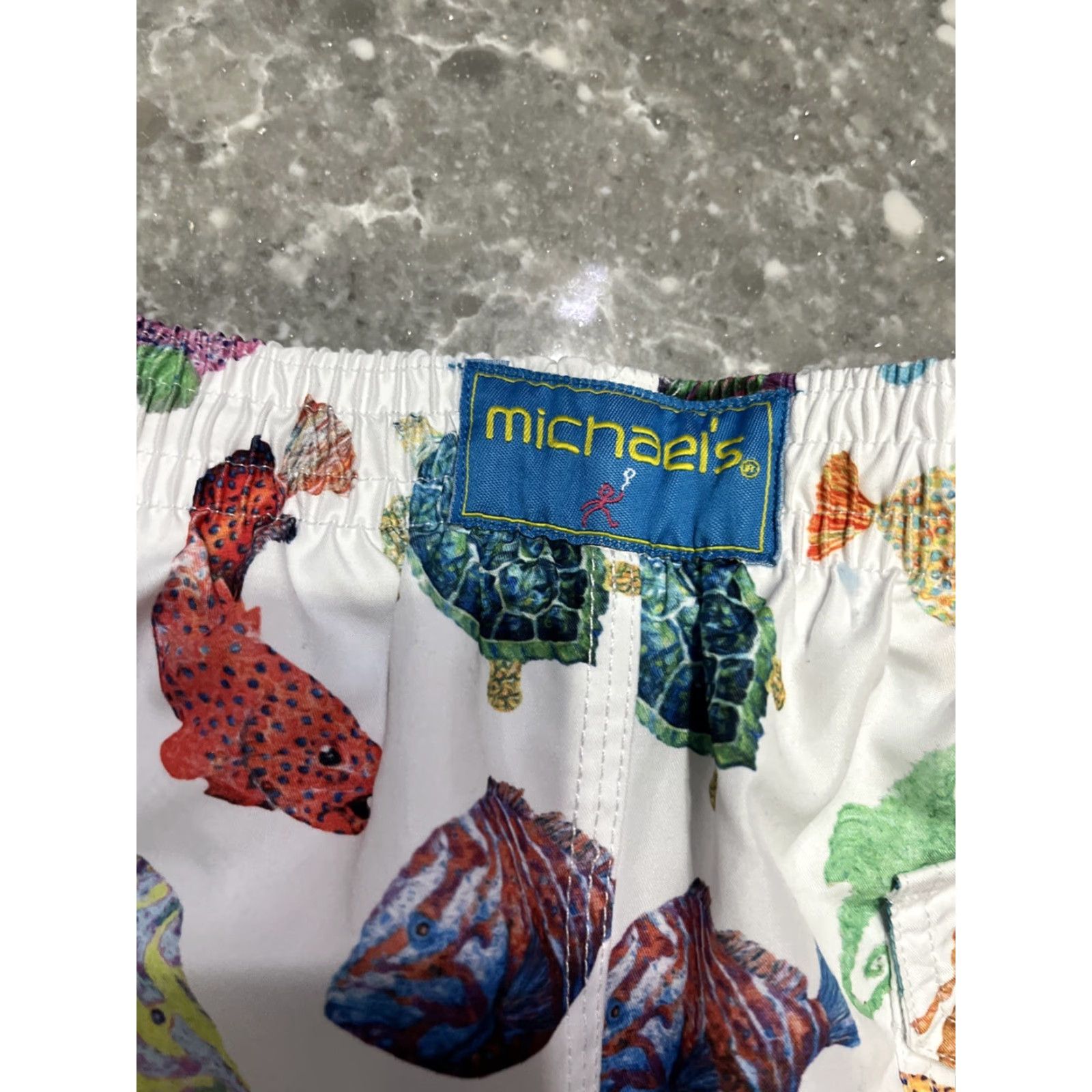 Vintage MICHAELS SWIMWEAR Men’s Fish Blue Swim Trunk M Beach Pockets Drawstring Quick Dry Elastic Waist Size US 31 - 6 Thumbnail