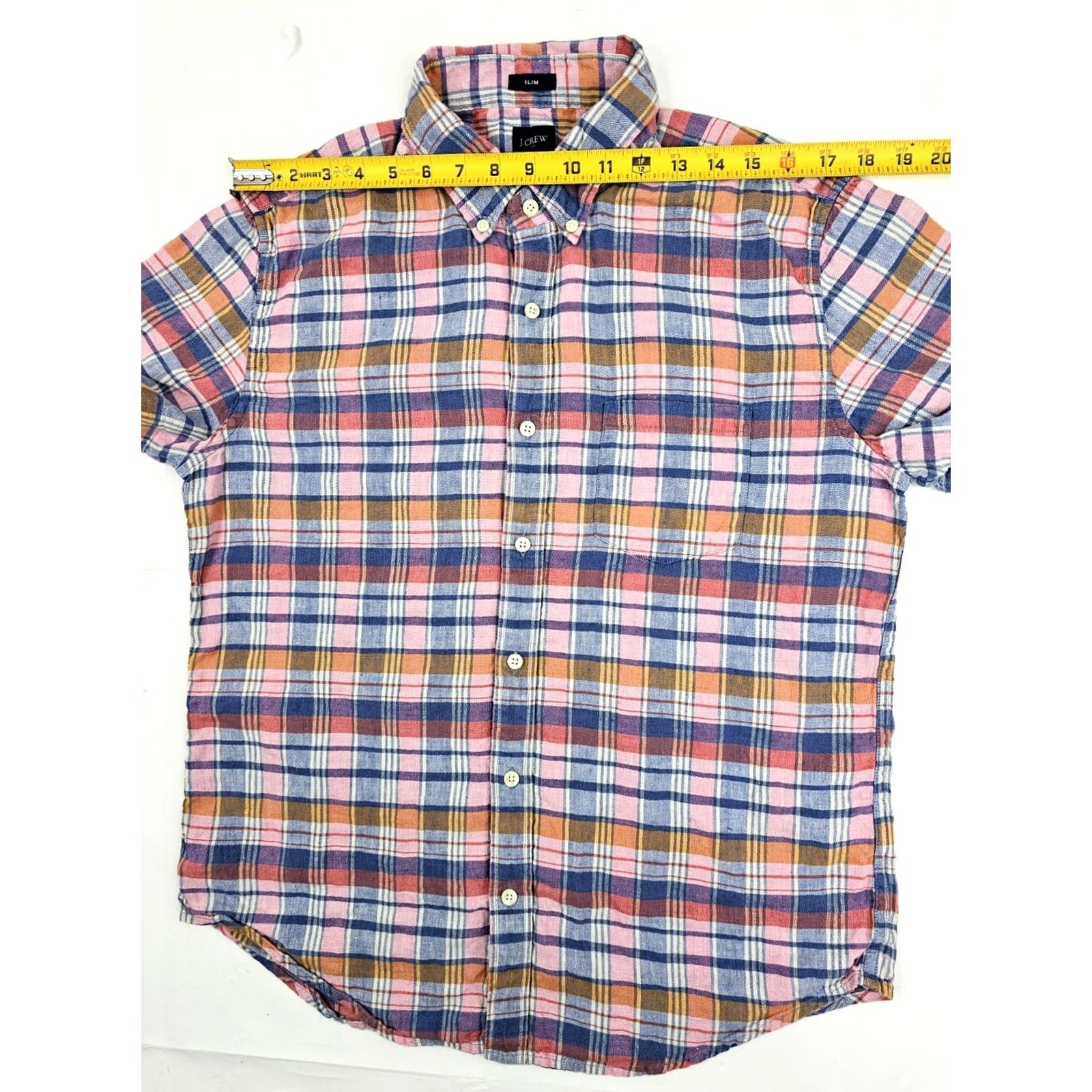 J.Crew J.CREW Linen Blend Short Sleeve Button-Up Shirt Men L Pink & Blue Plaid EUC Size US L / EU 52-54 / 3 - 7 Thumbnail