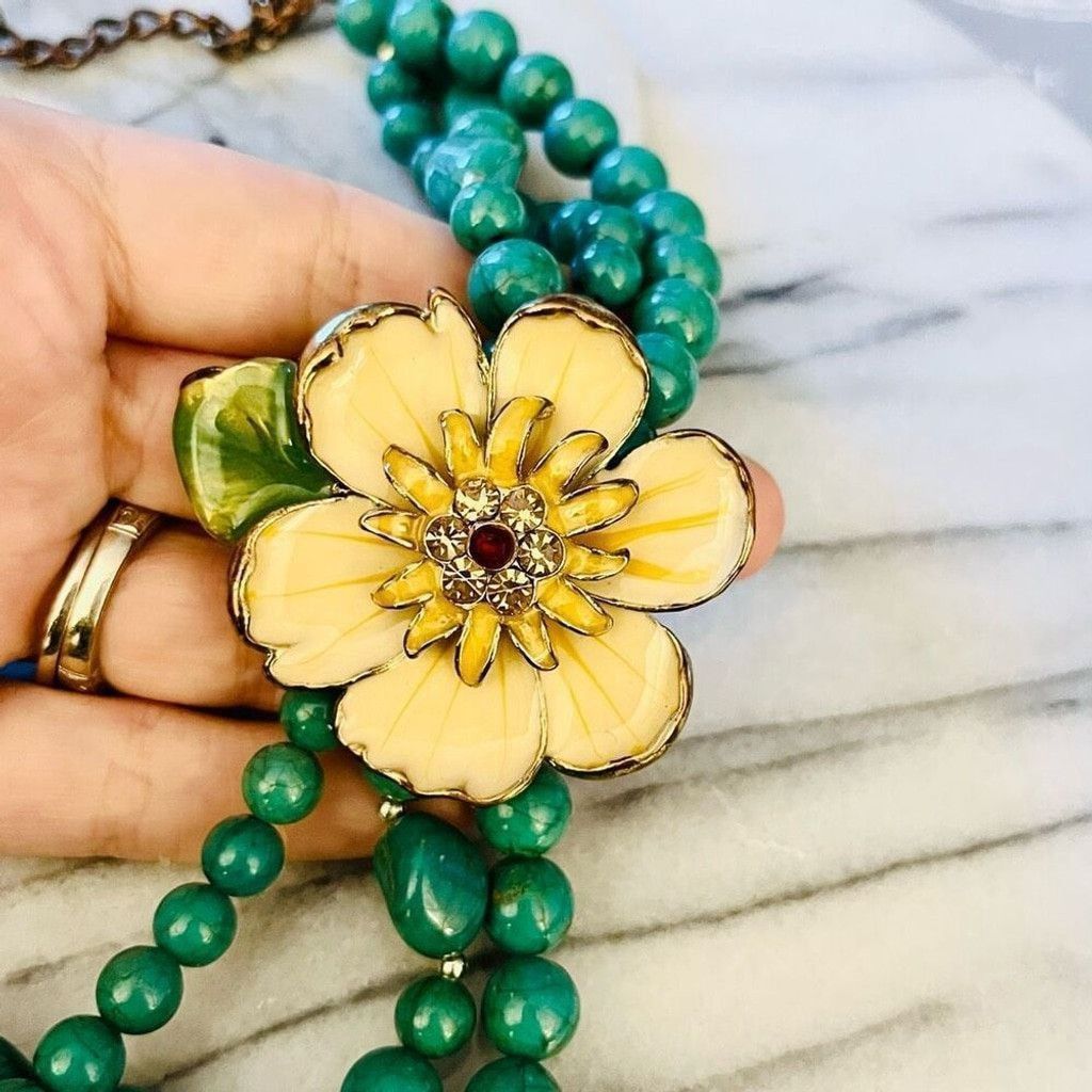 Jewelry Enamel Flower Statement Necklace Teal Green Beaded Size ONE SIZE - 4 Thumbnail