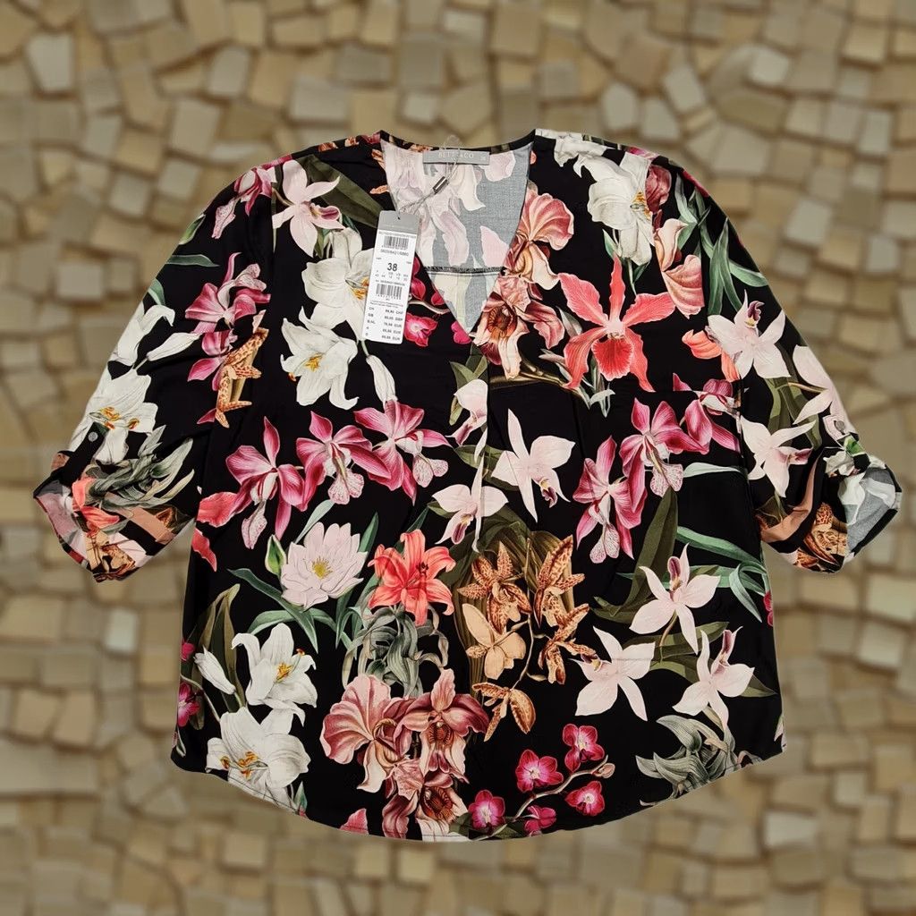 CO Betty & Co Blouse Black 12 UK Floral 3/4 Sleeve V-Neck Logo Womens Blouse Size XL / US 12-14 / IT 48-50 - 1 Thumbnail
