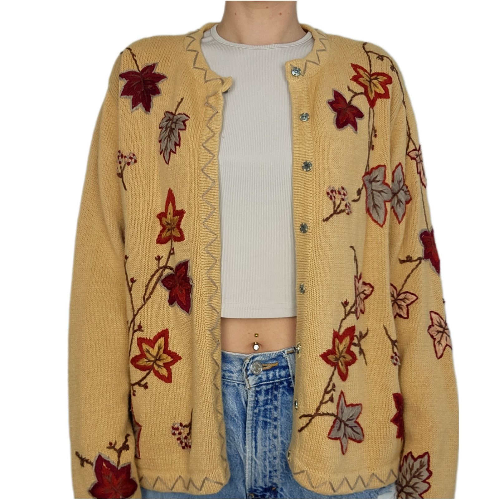 Other Vintage Leaf Cardigan Sweater Embroidered Cotton XL Size XL / US 12-14 / IT 48-50 - 1 Thumbnail