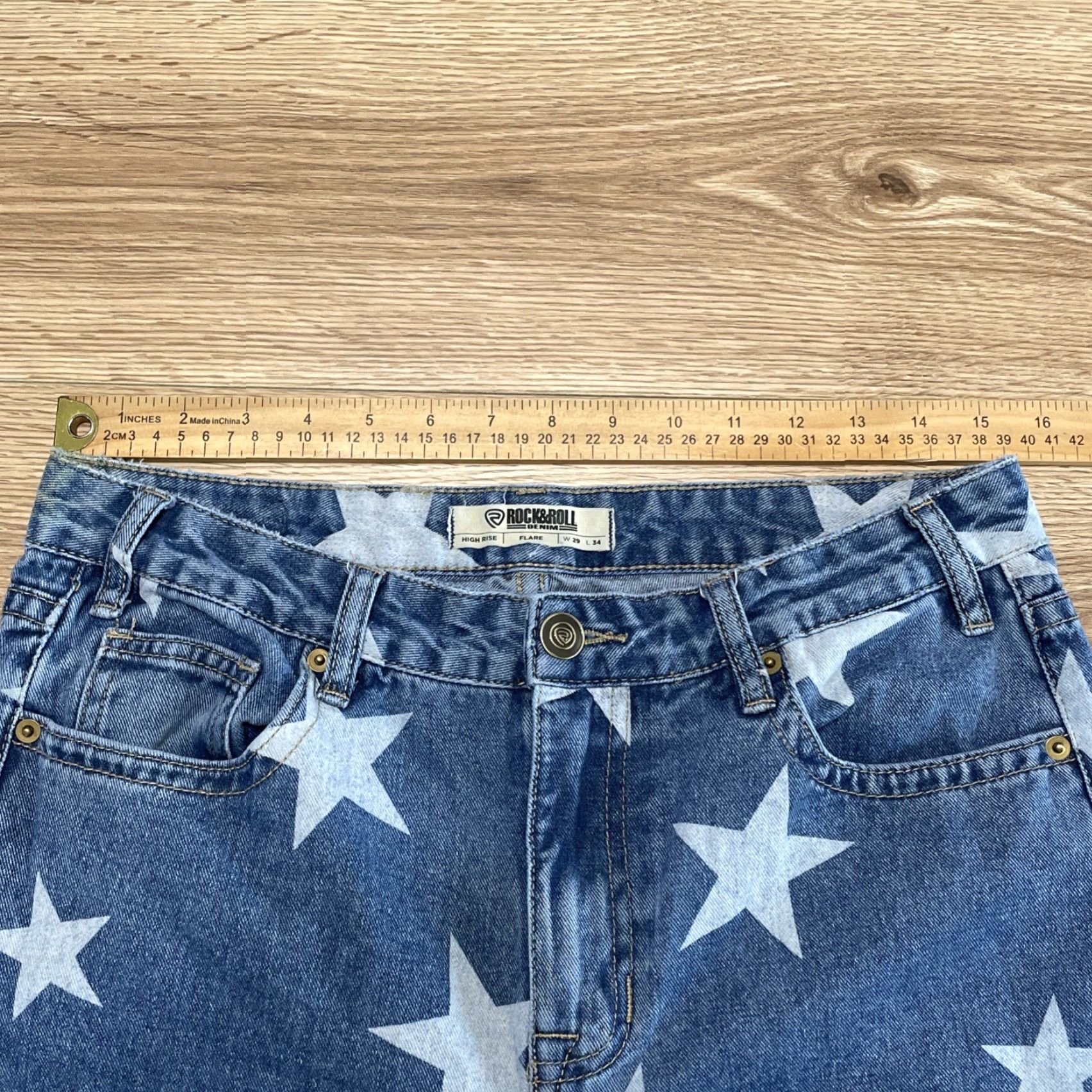 Vintage VINTAGE Rock & Roll Denim Womens Flared Jeans High Rise 29x34 Blue Star Print Size 29" - 4 Thumbnail