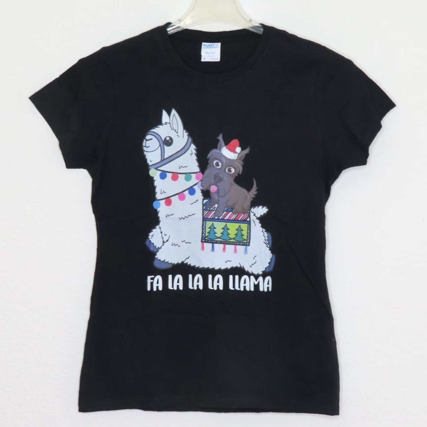 Port & Company Fa La La La Llama Womens S T-Shirt Christmas Dog Port & Company Shirt Top Short Sleeve Black Cotton Crew Neck Holiday Womens Size S Size S / US 4 / IT 40 - 6 Thumbnail