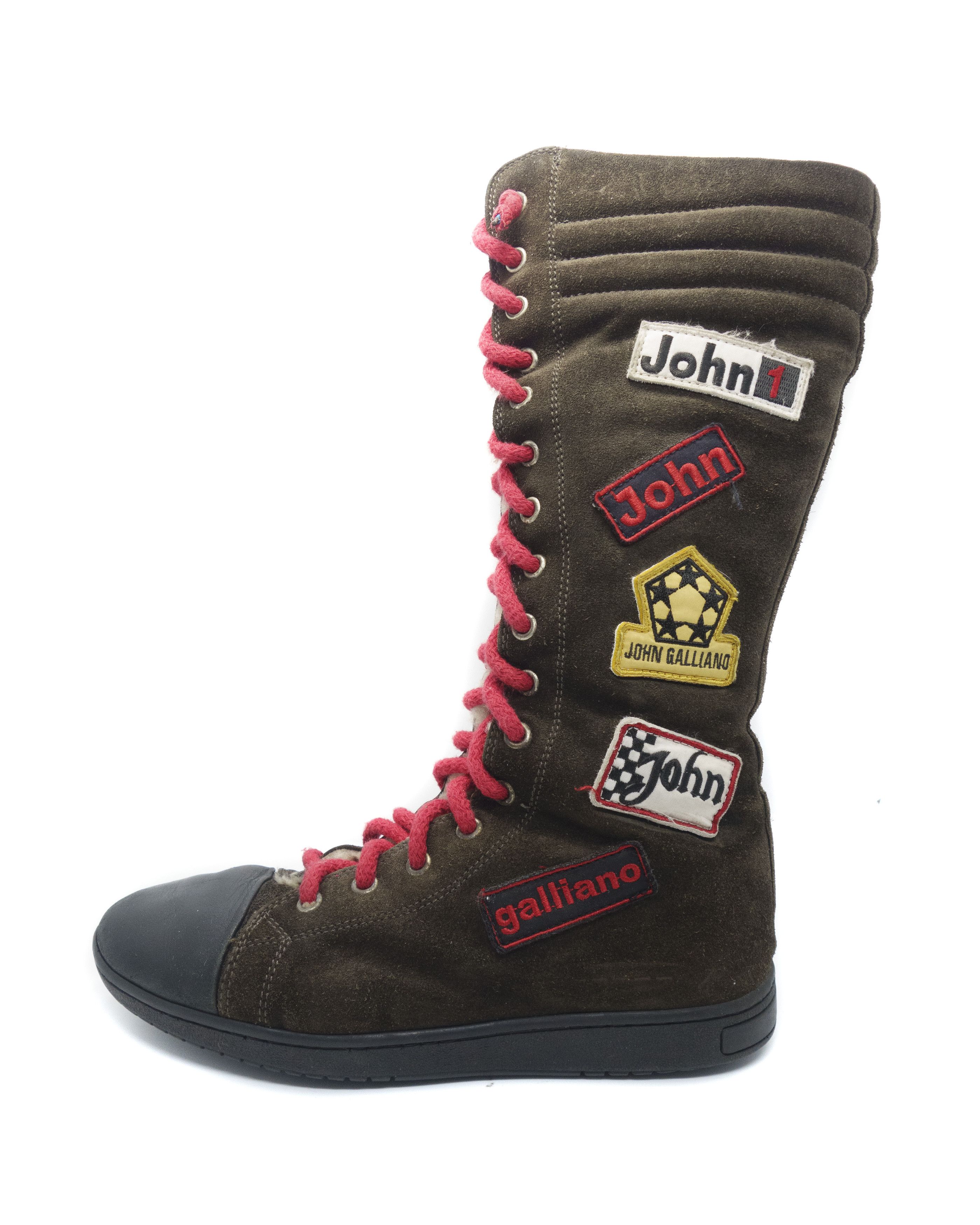 John Galliano 90S Patches Logo Suede Moto Sheerling High Boots Vintage Size US 6 / IT 36 - 1 Thumbnail