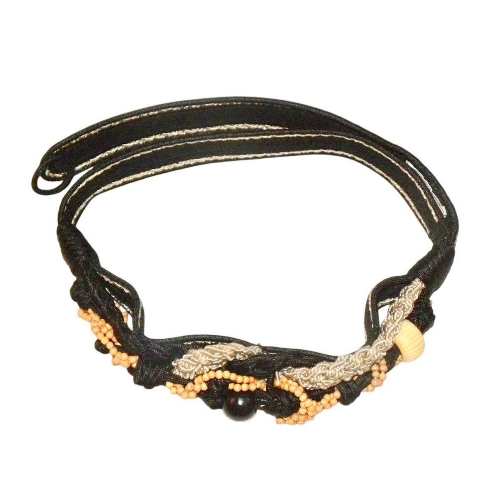 Vintage 80s Boho Cord & Wood Bead Belt | Art to Wear Gypsy Black Tan Size ONE SIZE - 7 Thumbnail