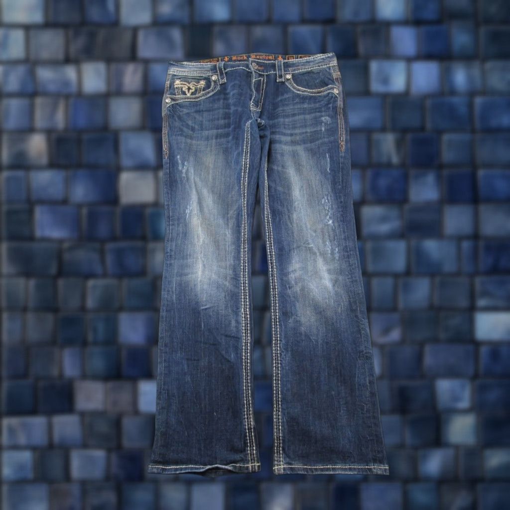 Vintage Rock Revival Jeans Casey Men's 38x33 Distressed Embordered Denim Thick Stitch Size US 38 / EU 54 - 1 Thumbnail