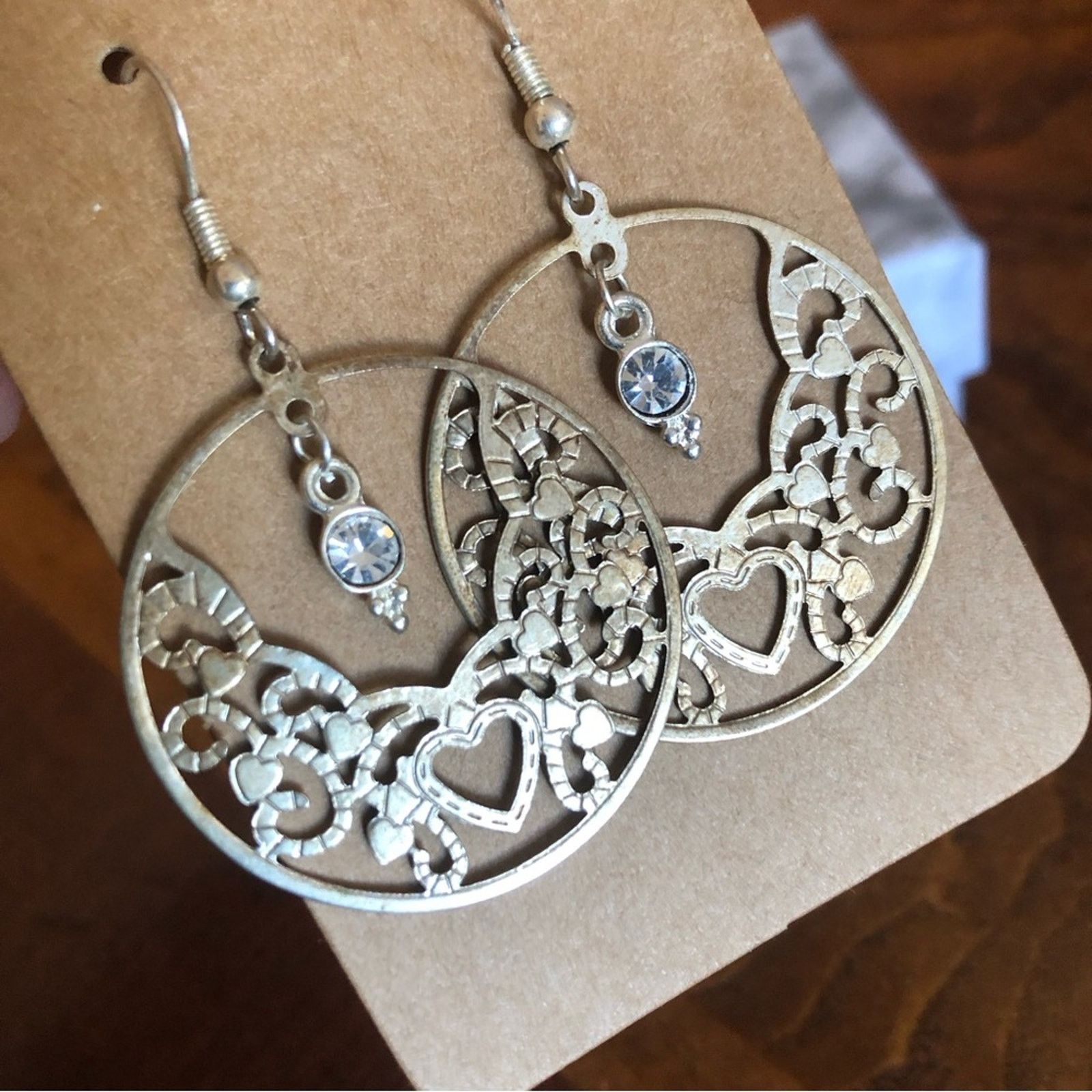 Jewelry Heart Filigree Rhinestone Accent Dangle Earrings in Silver, Women's