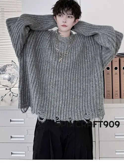 VIBE Distressed Stripe Gray Knit Sweater Size US L / EU 52-54 / 3 - 3 Thumbnail