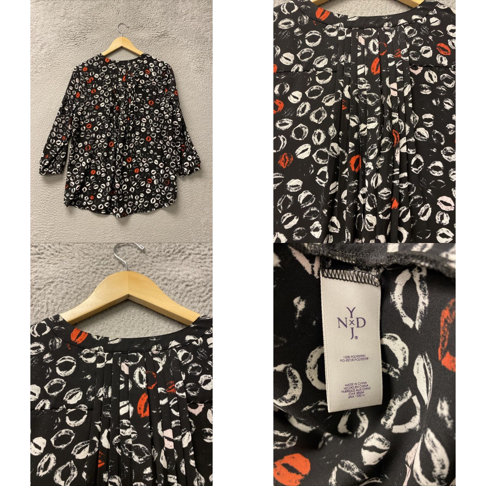 NYDJ VINTAGE NYDJ Blouse Shirt Womens S Black Lips Pullover 3/4 Sleeve V-Neck Knit Pleated Balloon Casual Hip Length Size S / US 4 / IT 40 - 8 Thumbnail