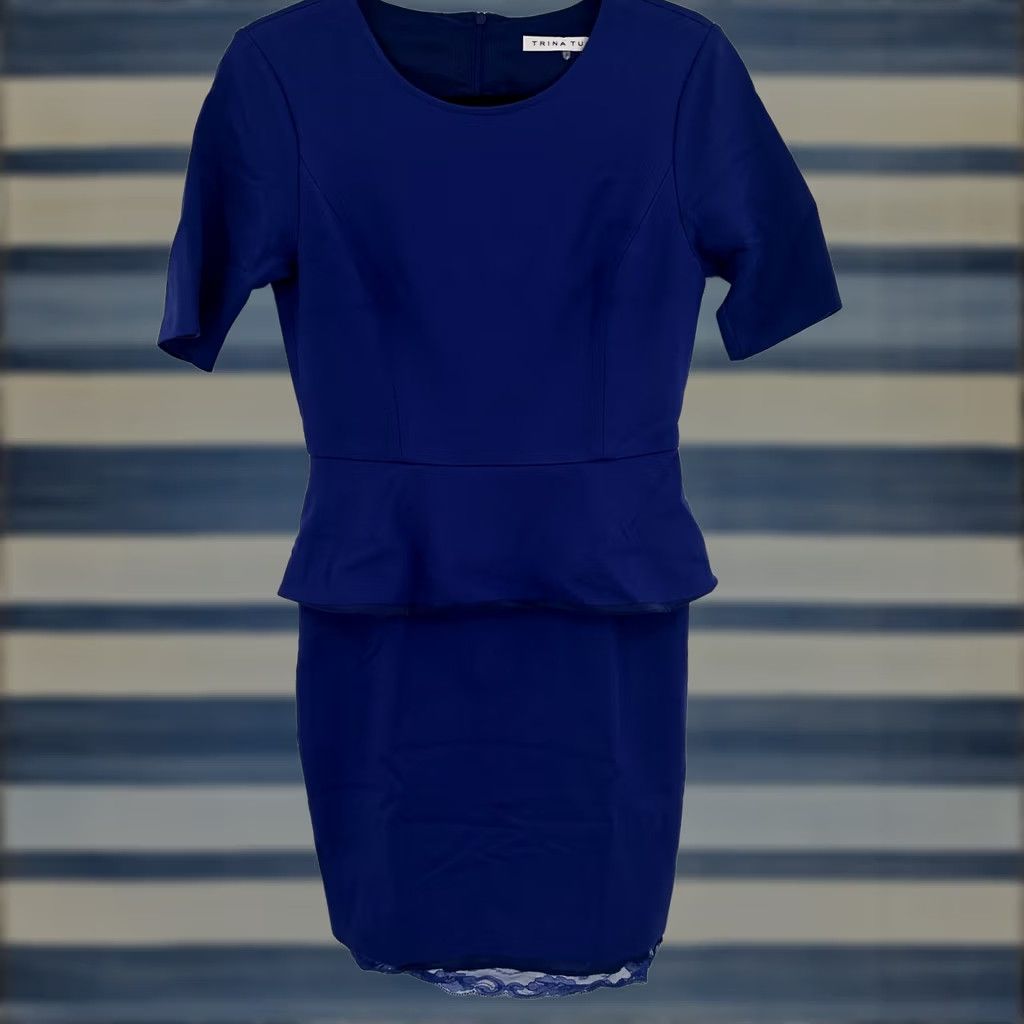 Trina Turk VINTAGE Trina Turk Dress Women Short Sleeve Sheath Lace Hem Peplum Size 6 Blue Size 28" / US 6 / IT 42 - 1 Thumbnail