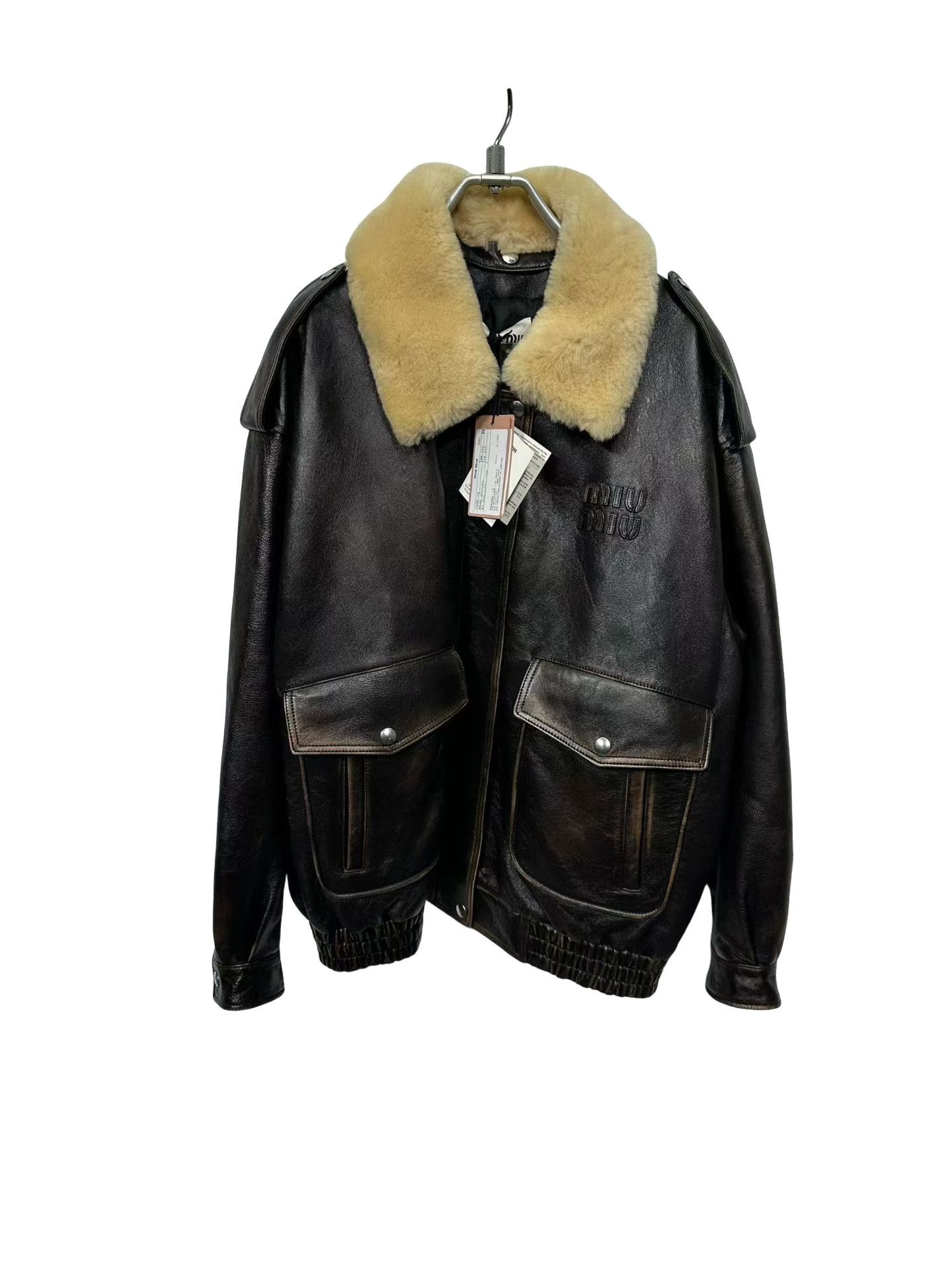 Miu Miu Miu Miu Distressed Leather Shearling Aviator Jacket 40 Size S / US 4 / IT 40 - 1 Thumbnail